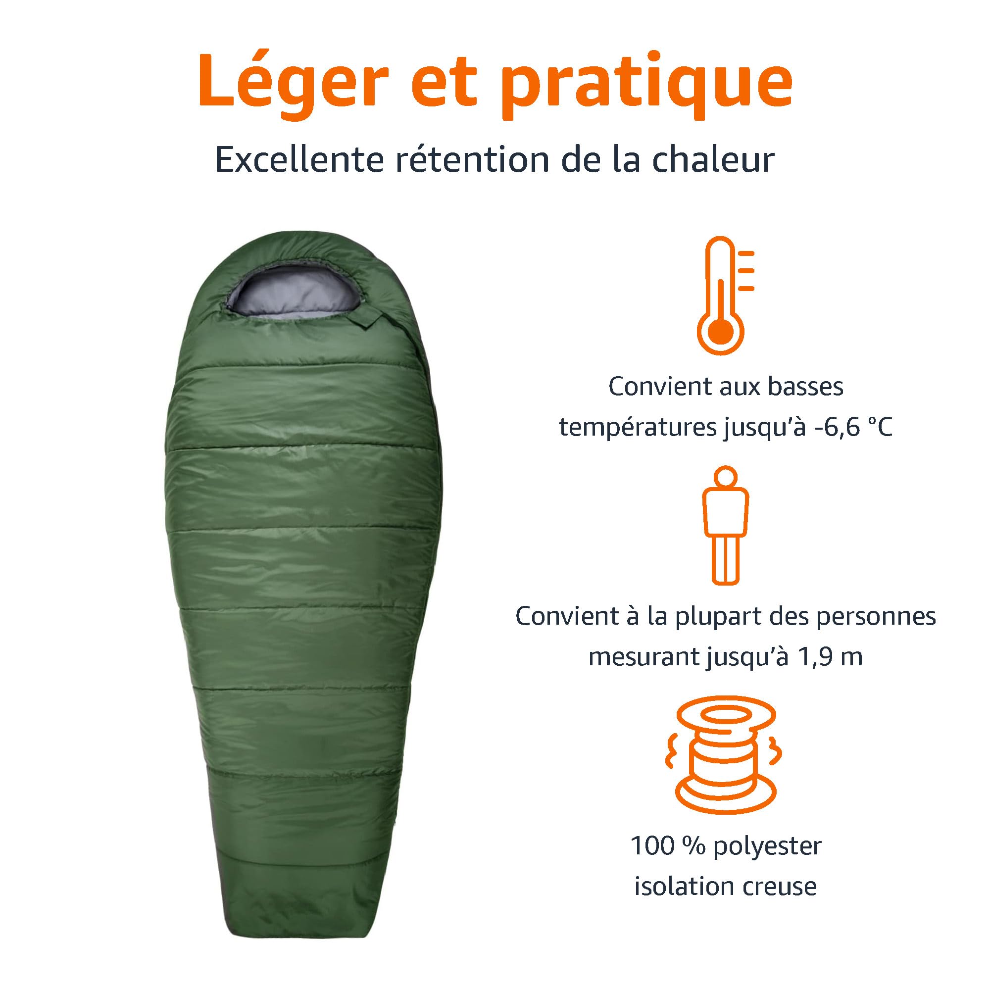 Amazon Basics Sac de couchage pour le camping et la randonnée par temps froid, léger, style momie, vert olive