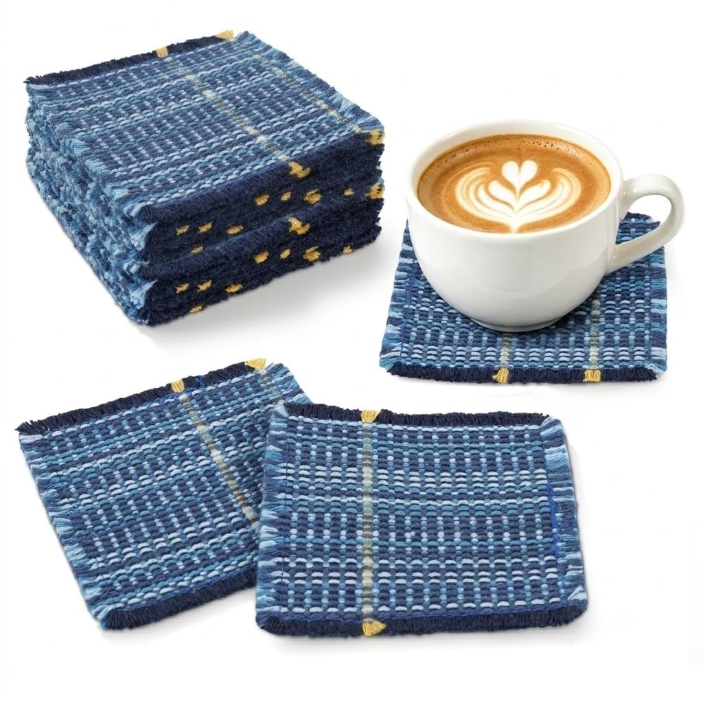 CWAGRQ 10 PCS BOHO Woven Coasters(4 x 4 IN),Heat Resistant Absorbent Cup Mat with Tassel Edge,Blue Square Handwoven mug mat for Table Protection,Decorating Desks, for Hot & Cold Drinks, Coffee & Tea
