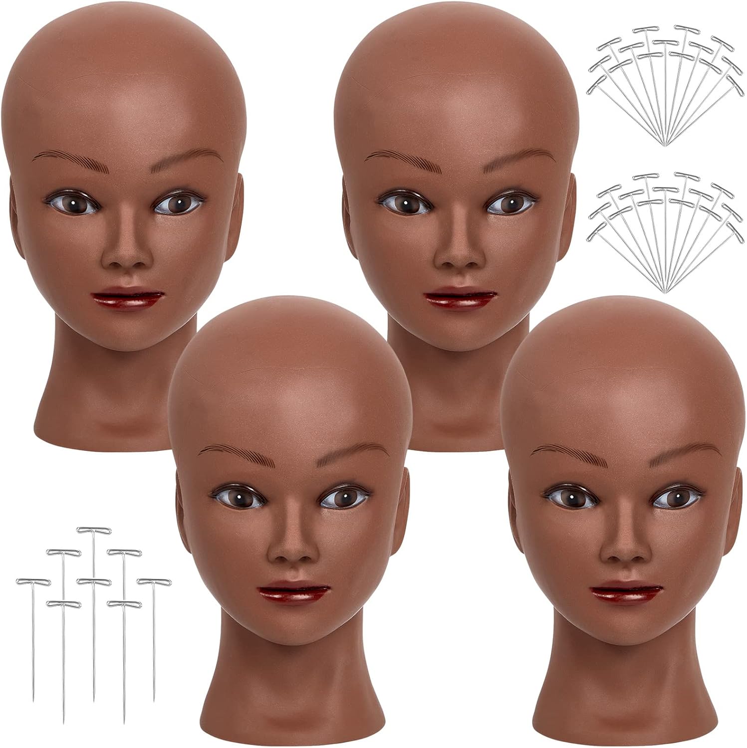 (1 pc of 4)Pinkunn 4 Pcs Bald Mannequin Head Brown Female Head for Wigs Doll Wig Head for Professional Cosmetology Face Makeup Wig Making Display Wigs Hats Eyeglasses Head with T Pins (Dark Brown 21 Inch)