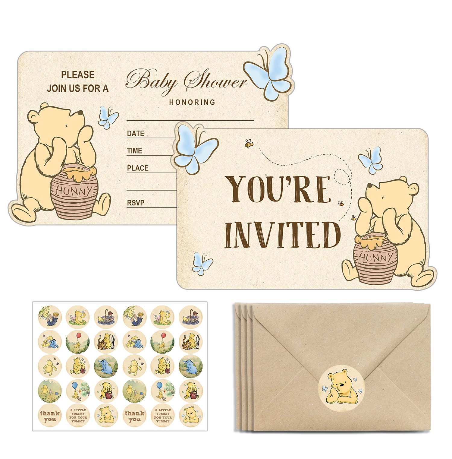 Winnie Baby Shower, Winnie Baby Shower Invitations, Winnie Invitations with Envelopes and Stickers, Winnie Birthday Party Invitations, Winnie Baby Shower Invitations Card Party Decorations Pack of 20