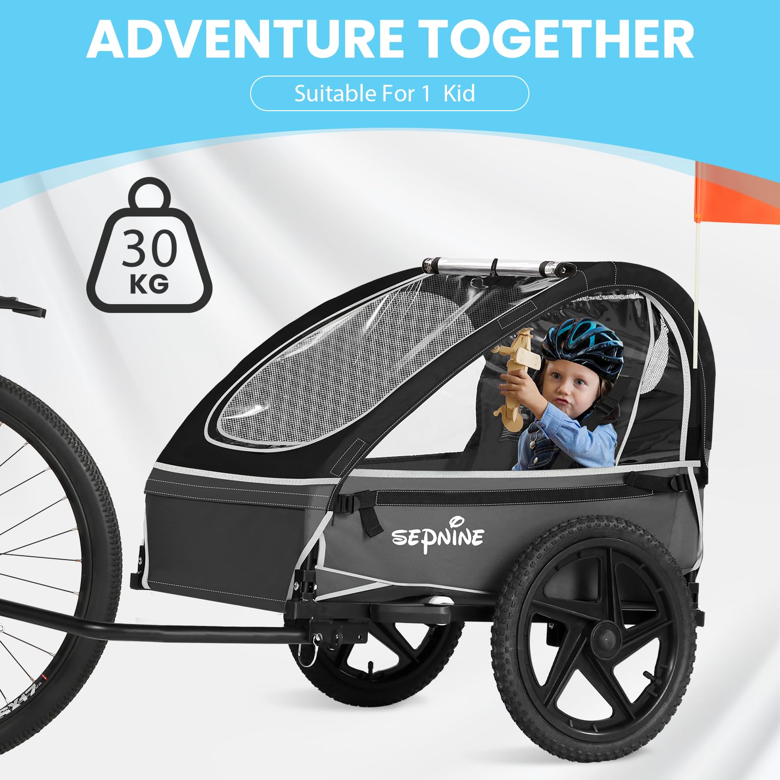 Sepnine Remolque de bicicleta para niños, adecuado para 1 a 2 niños, más de 12 meses, fijación rápida a la bicicleta, plegable, con arnés de 5 puntos y bolsas de almacenamiento