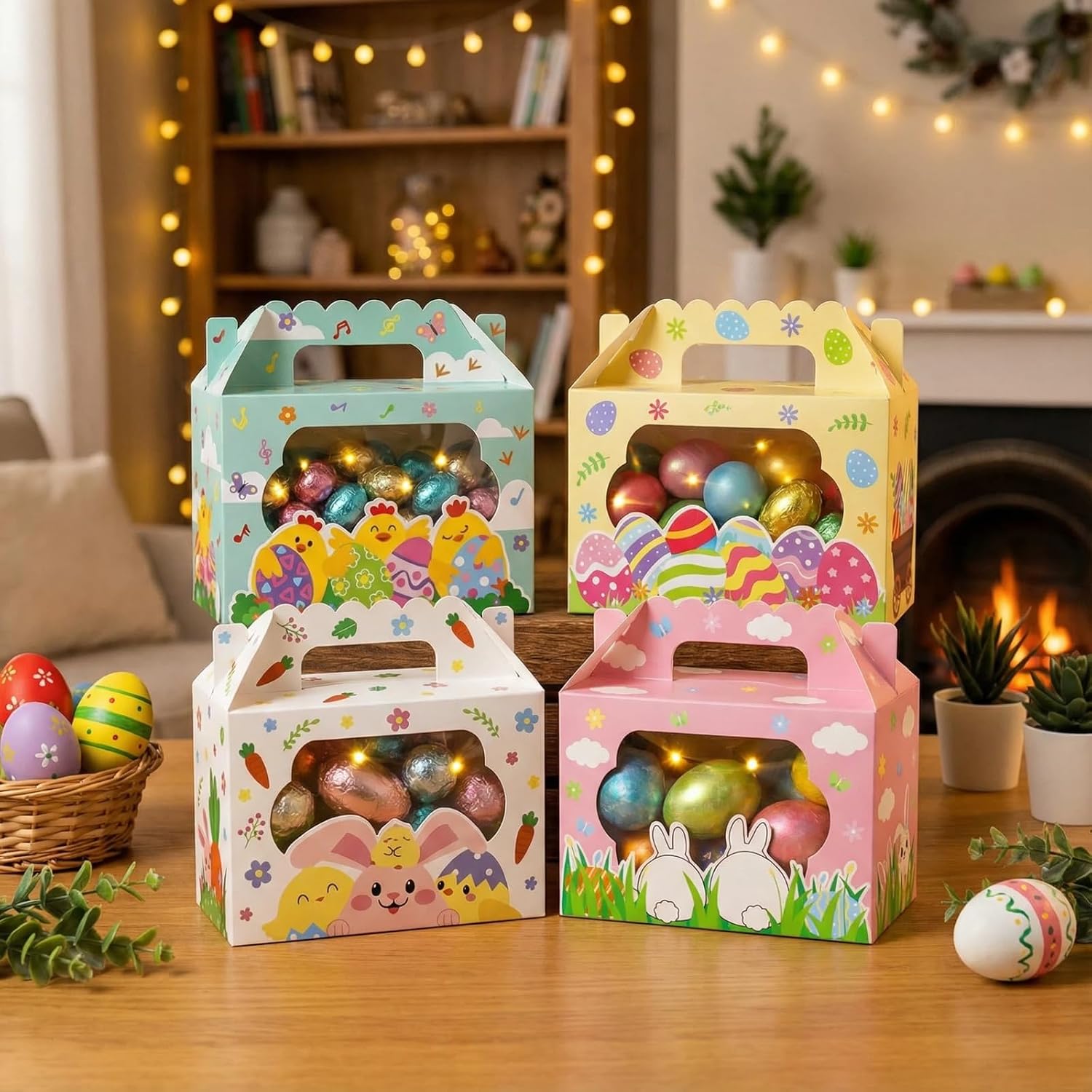 Easter Treat Boxes, 24 Pack Easter Gift Bags with Windows for Candy, Cookies and Party Favors, Egg Bunny Chicken Paper Box with Handles and Cards for Easter Basket Stuffers Party Favor Gifts (4 Designs) image 5