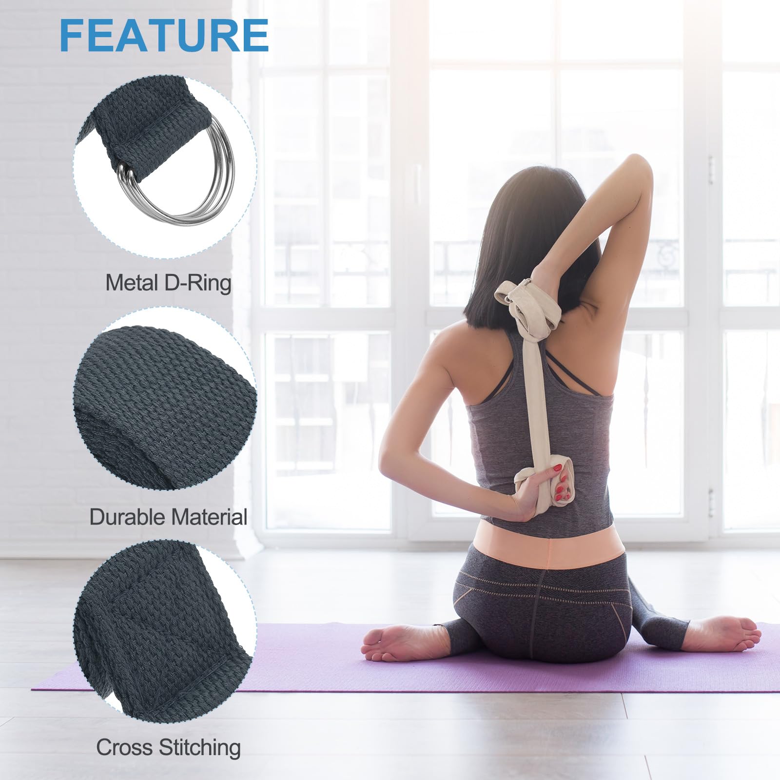 PATIKIL Yoga Strap for Stretching 6 Feet, 6Pcs Cotton Yoga Belt with Adjustable Metal D-Ring Buckle Stretch Bands for Fitness Pilates, Dark Grey - Image 3