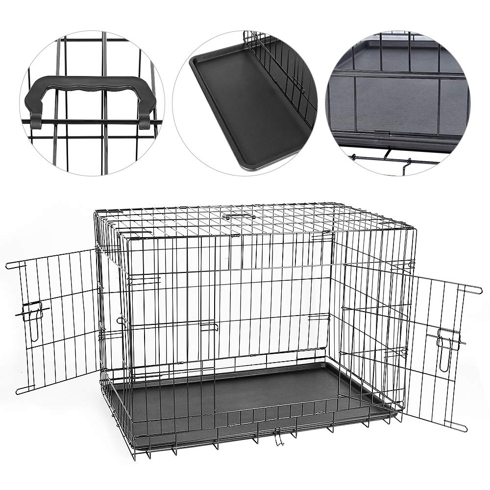 Jaula para perro, jaula de transporte para perros con 2 puertas, jaula de perro interior con asas y bandeja negra, doble puerta extraíble, fácil limpieza (106 x 76 x 71 cm)