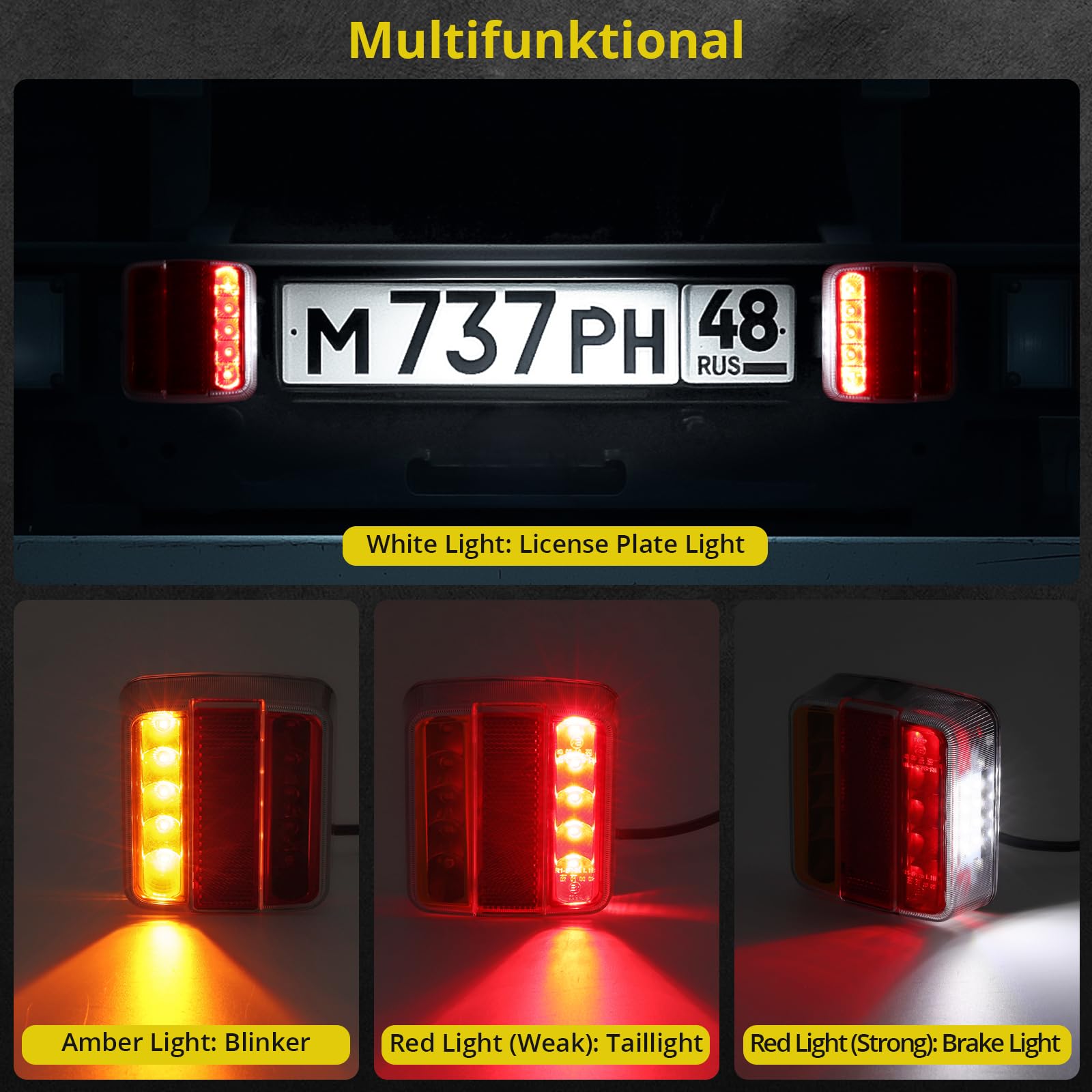 PROZOR Zestaw świateł tylnych LED 12V oświetlenie przyczepy kabel 7-pin 7,5m, okablowany, wodoodporny, montaż za pomocą śrub, znak homologacji E11 ECE, 18 diod LED oświetlenie przyczepy samochodowej