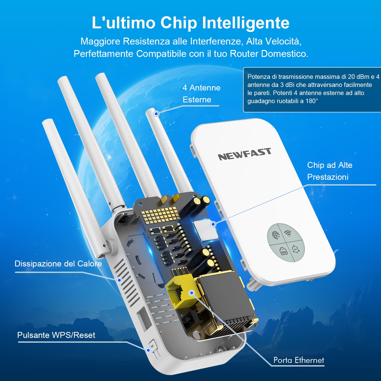NEWFAST Ripetitore WiFi Potente per Casa, 1200Mbps WiFi Extender Dual Band | 2.4GHz/5GHz con 4 Antenne ad Alto Guadagno, Porta Ethernet, WPS, Display Intelligente, Supporta 3 Modalità(Bianco)