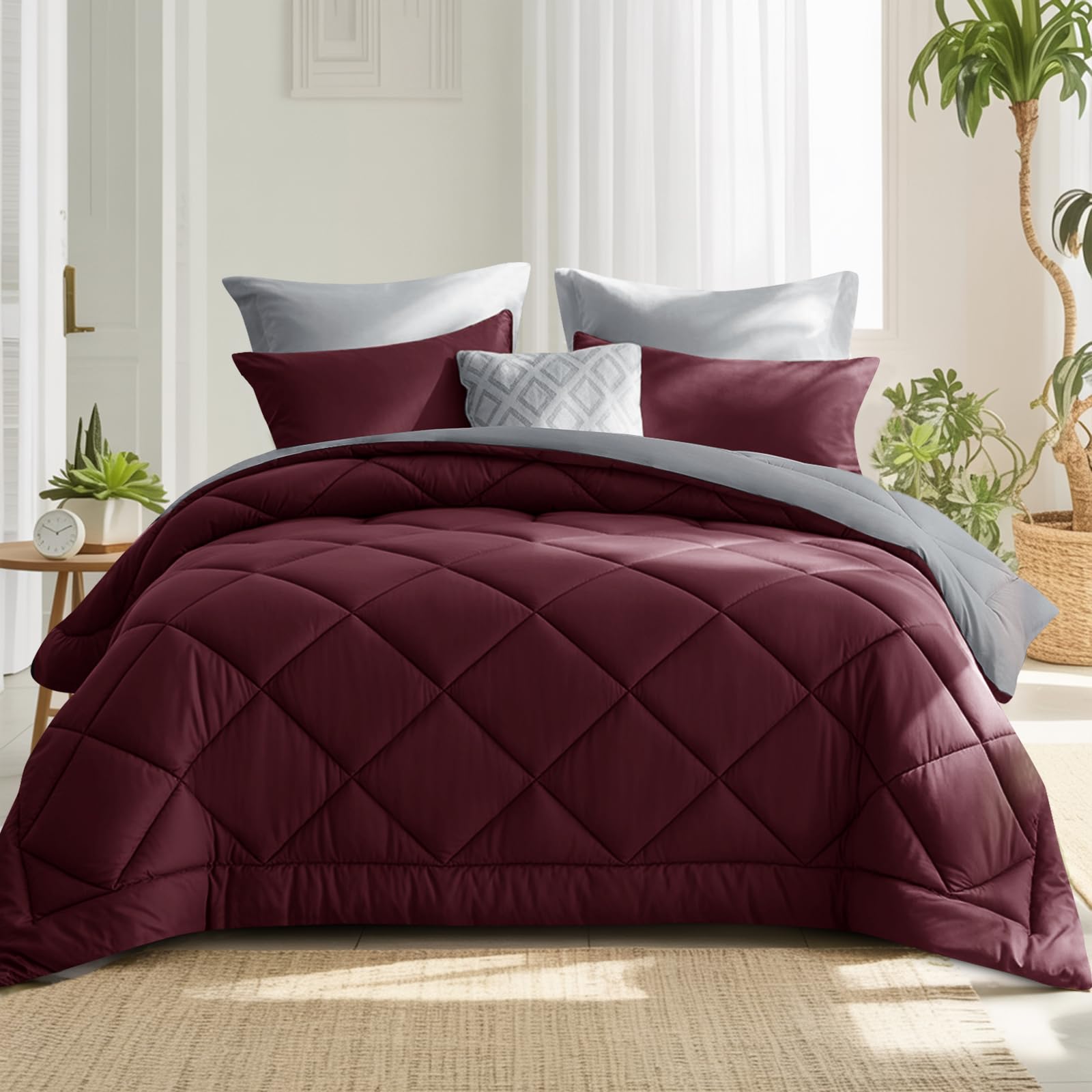 RUIKASI Coverless Duvet Single 10.5 Tog - Reversible Comforter with 1 Pillowcase, 135x200cm Quilt Lightweight and Warm All Season, Burgundy Rot and Grey