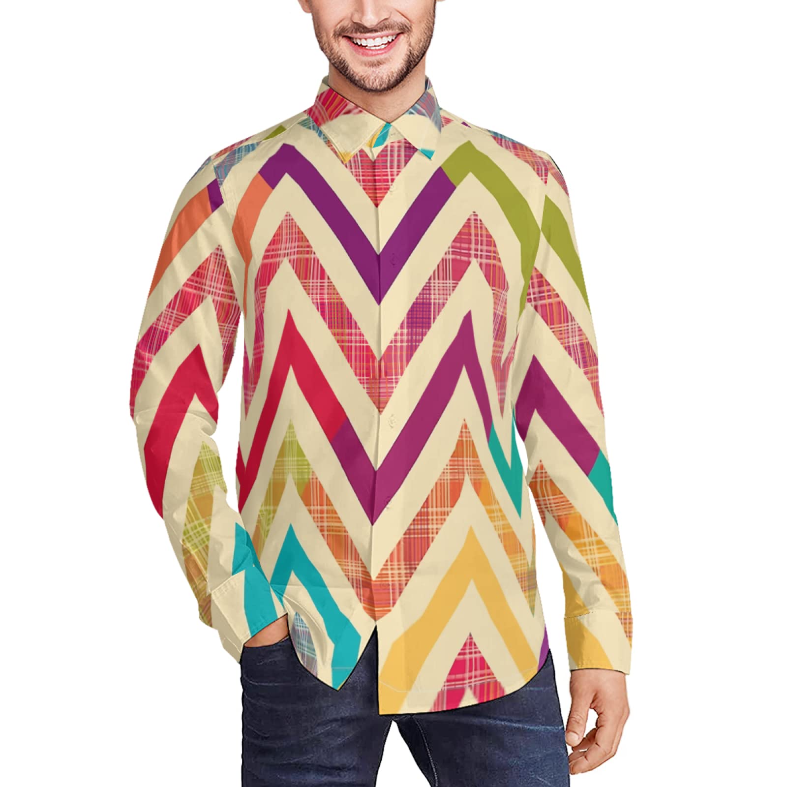 Amazon.co.jp: 長袖シャツ メンズ カラフルのシェブロン 秋服  