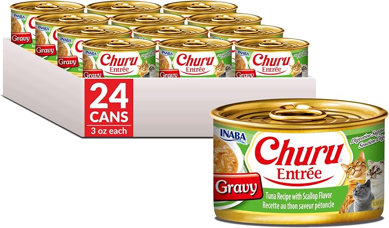 Ração úmida para gatos adultos INABA Churu Entrée com molho, atum e vieira, Pacote com 24 latas