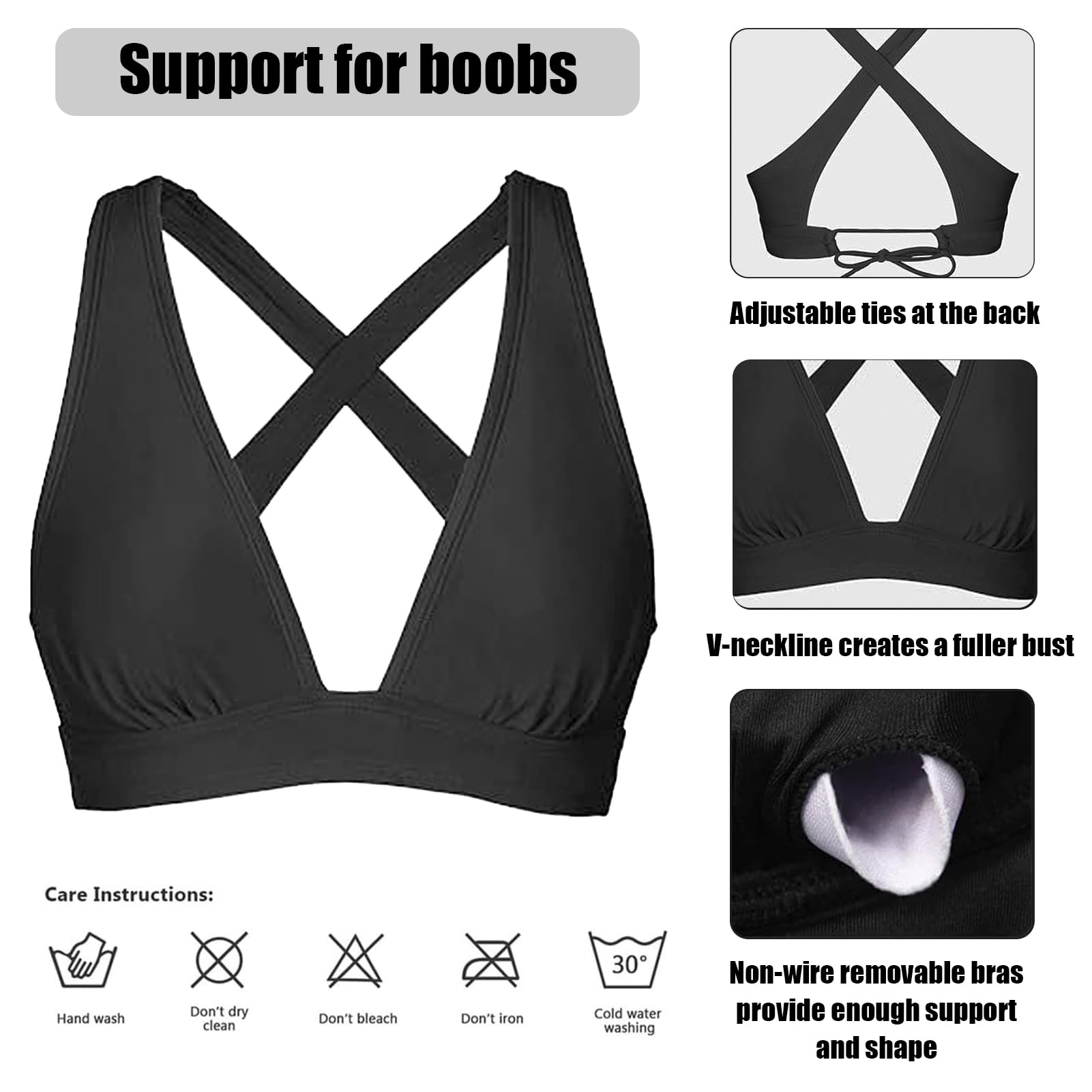Top Bikini Donna Scollo a V Triangolo Top Reggiseno Bikini Imbottito Costume da Bagno Estiva Allacciatura sul Retro