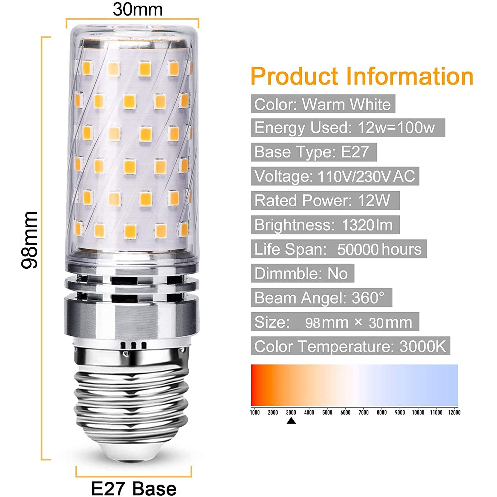 Bombillas LED E27 de maíz,color blanco cálido,3000 K,E27,12 W equivalente a bombillas de 100 W,1320 lm,sin parpadeo,sin intensidad regulable,CA 110 V-140 V/220 V-240 V,paquete de 6(110 V ~ 140 V)