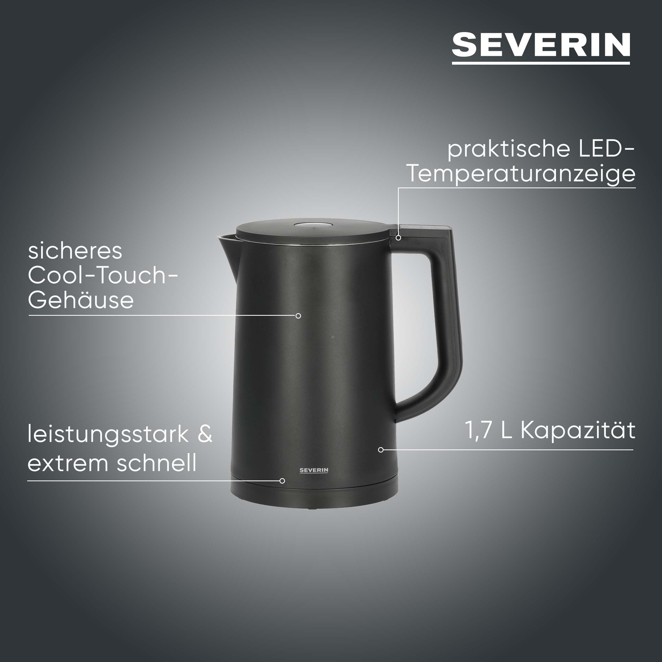 SEVERIN Cool-Touch Wasserkocher, doppelwandiger Wasserkocher, farbige LED-Temperatur-Rückmeldung im Griff, mit Warmhaltefunktion und Abschaltautomatik, schwarz, 1,7 L Kapazität, 2.200 W, WK 3484