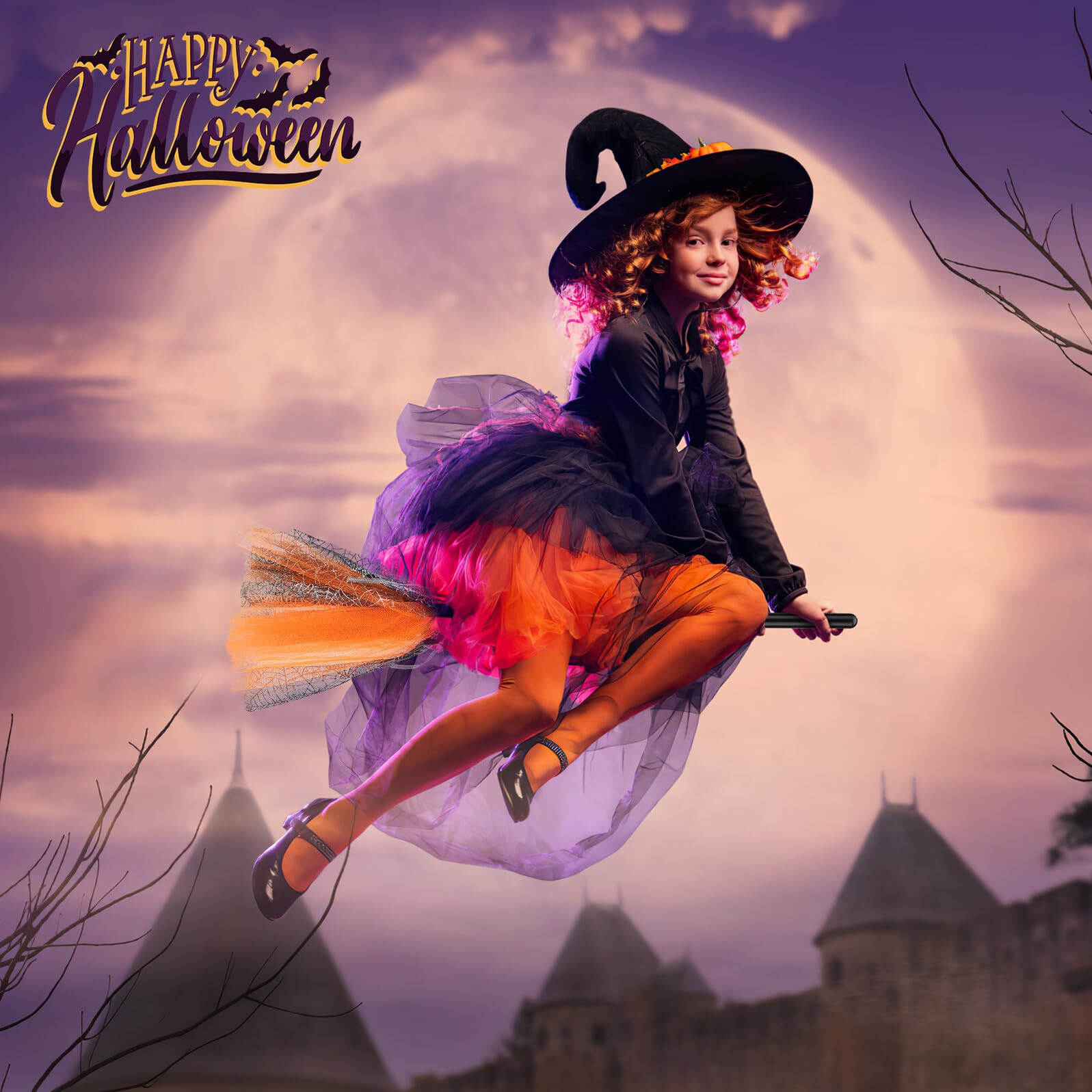 GALPADA Spazzola da Strega Halloween in Plastica e Rete Accessorio Decorativo per Feste e Cosplay Scopa Magica Arancione per Masquerade e Party Tema Halloween