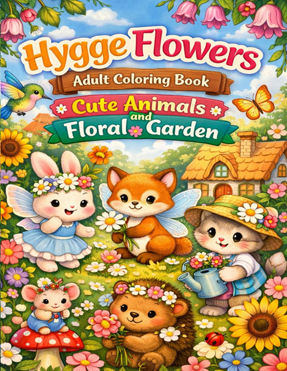 Hygge Flowers Adult Coloring Book Cute Animals and Floral Garden: Cozy Cute Animal Designs and Peaceful Floral Scenes for Relaxation Mindfulness and Stress Relief