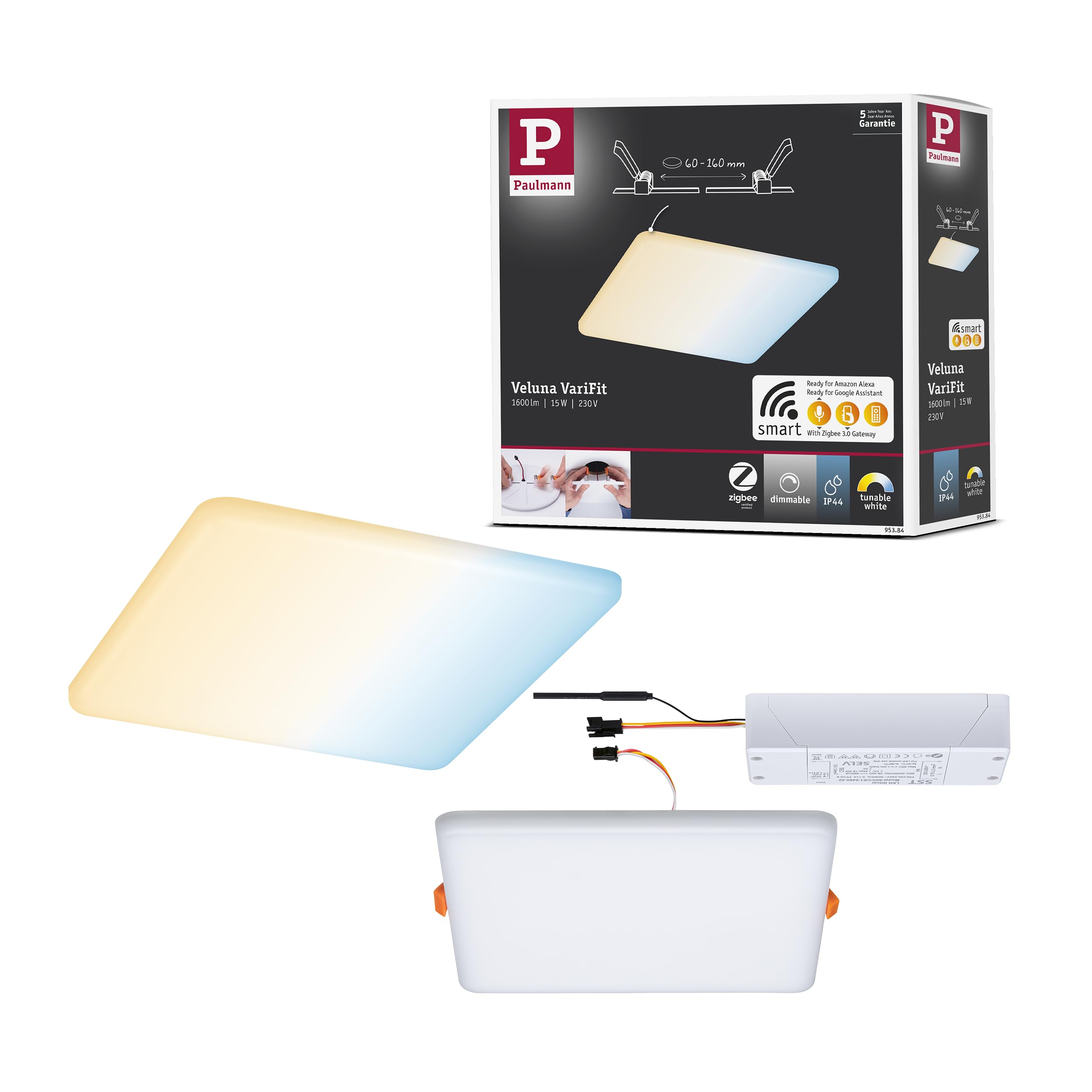 Paulmann 95384 Veluna LED Recessed Panel Satin 185x185mm Splash-Proof