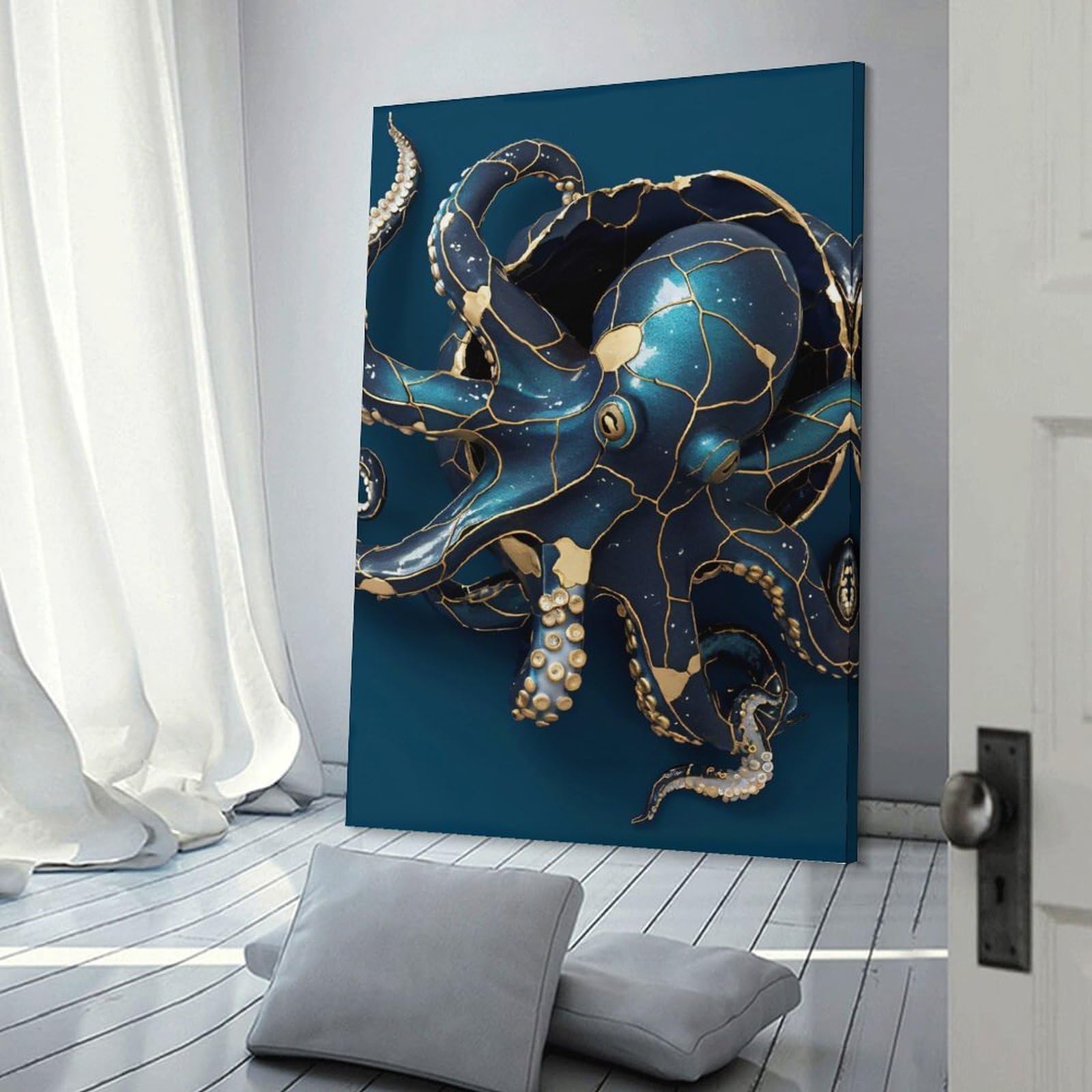 Junmoney Frame-Style-24 Canvas Art Print Blue And Gold Octopus Sculpture, 24X36inch(60X90cm), For Calm Bedrooms, Home Corners Or Flats, A Warm Accent For Relaxed Interiors