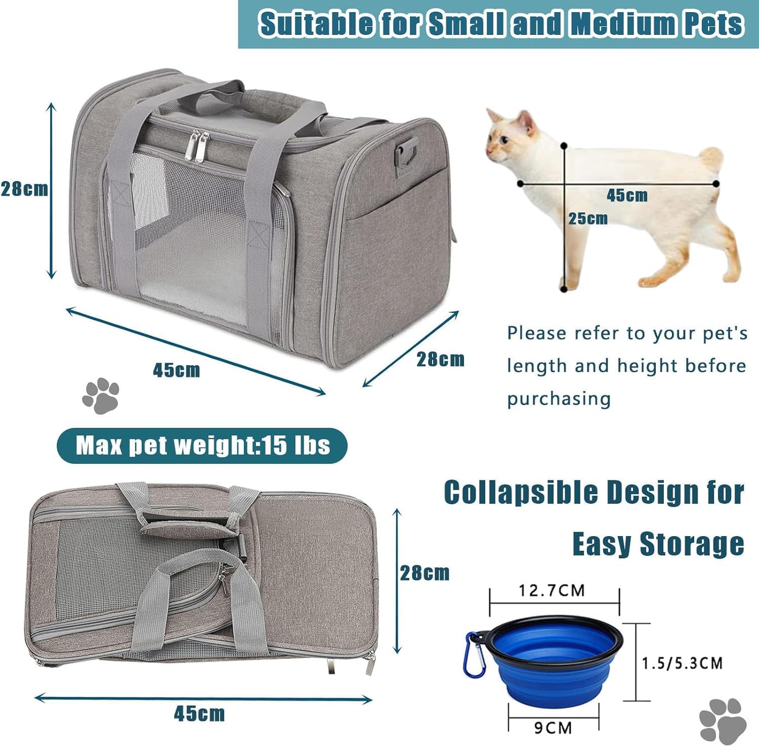 Transporttasche für Katze Hund, Faltbare Tragbar Katzentransportbox Hundetransportbox für Mittel Kleine Haustiere Katzen Hunde, Katze Tragebox Tragetasche bis 15lbs(Grau, M)