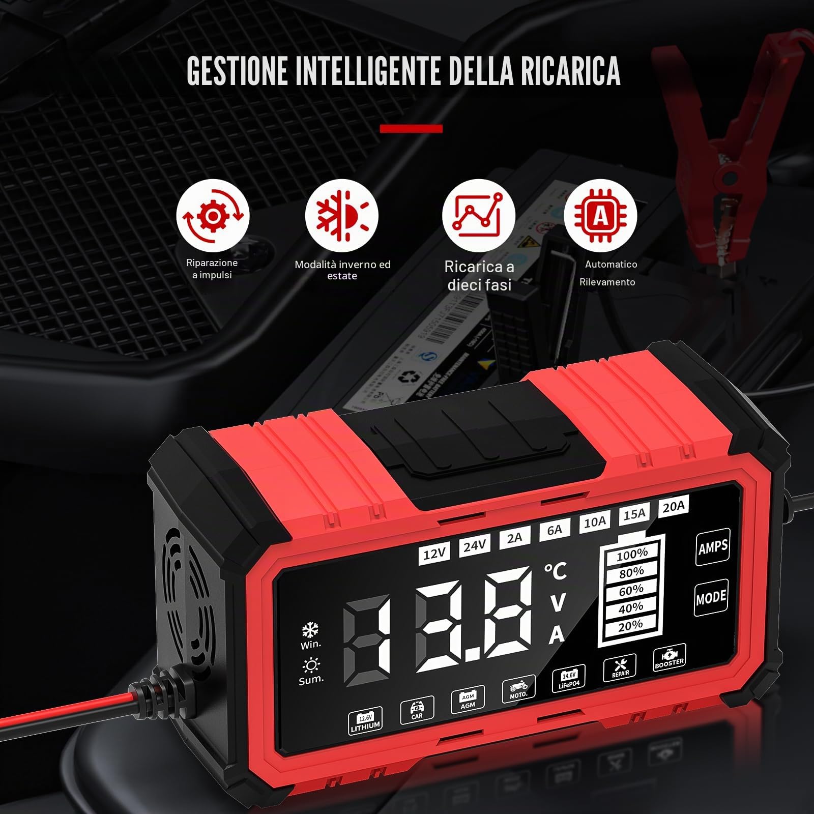 Caricabatterie da auto da 20 A, 12 V/24 V, Smart completamente automatico | con compensazione della temperatura, caricatore intelligente per auto, moto, camion, tosaerba, tosaerba o barca (20A)