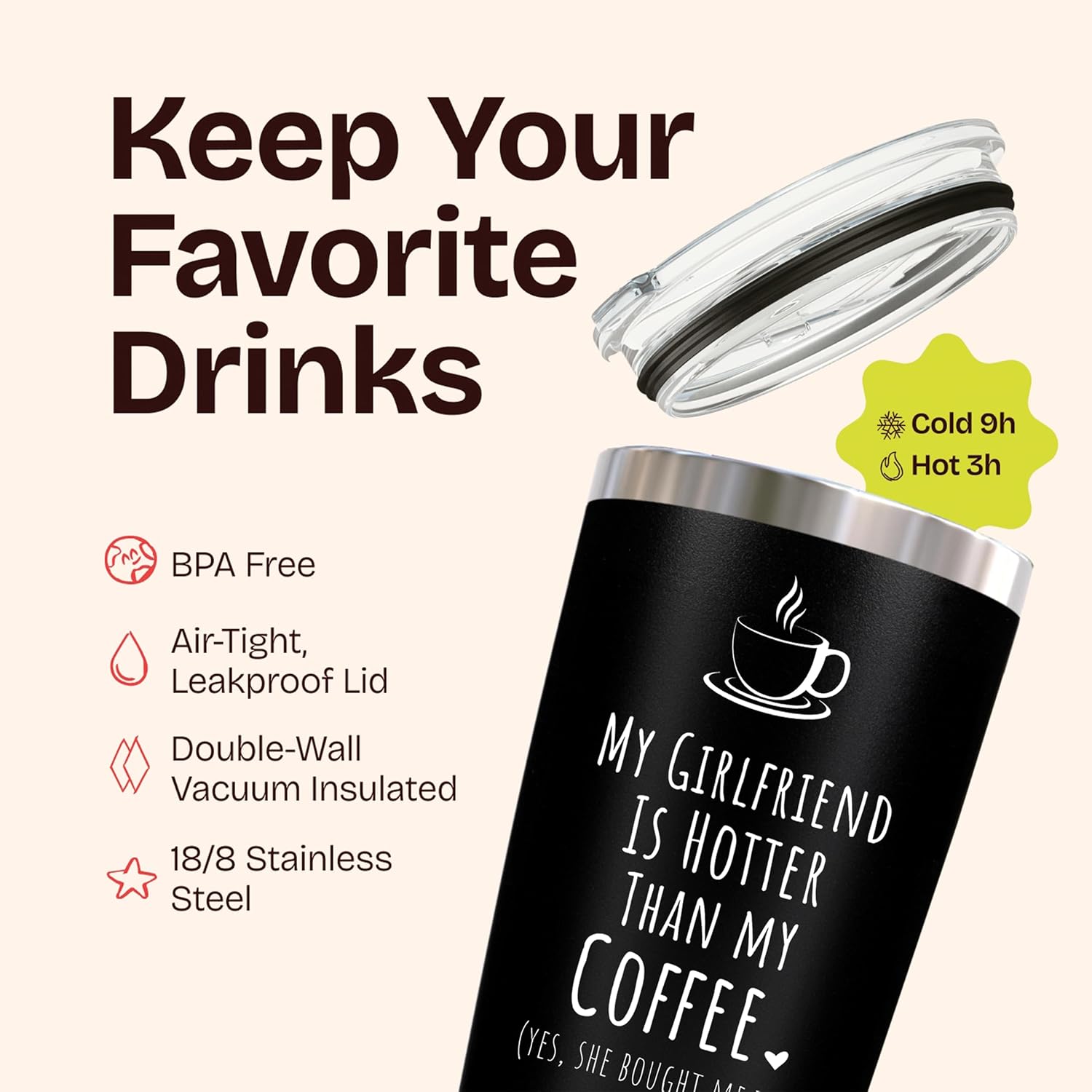 KLUBI Gifts for Him Boyfriend - My Girlfriend Is Hotter Than My Coffee Mug 20oz Cute Birthday Gifts for Boyfriend Vday Tumbler Coffee Mug for Men Black Tumbler with Straw - Image 5