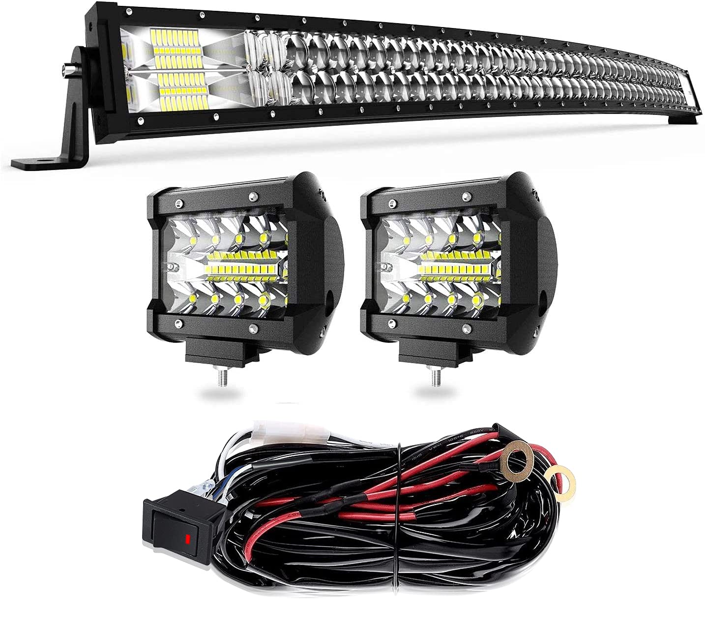 TERRAIN VISION LED Light Bar 52Inch Curved Led Bar Off Road Light W/ 2pcs 4in 60W LED Pods Fog Lights with Wiring Harness Kit for Jeep Trucks Polaris ATV UTV Boat Light Bars