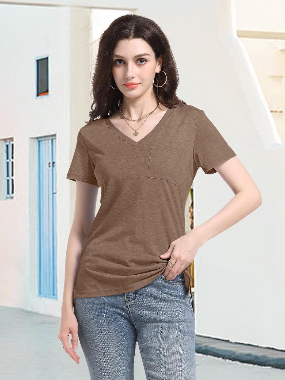 PGANDS Women's Summer Tops V Neck Short Sleeve T Shirts Casual Basic Loose Fit Tee - Image 2