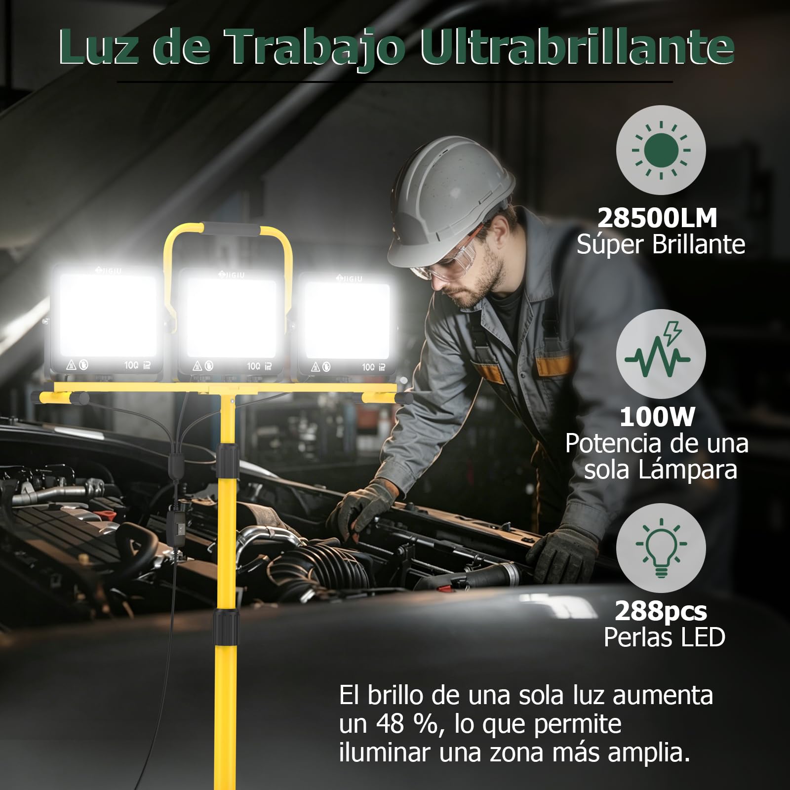 JiGiU Foco de Trabajo LED 300W con Trípode con 3 Cabezales Ajustables