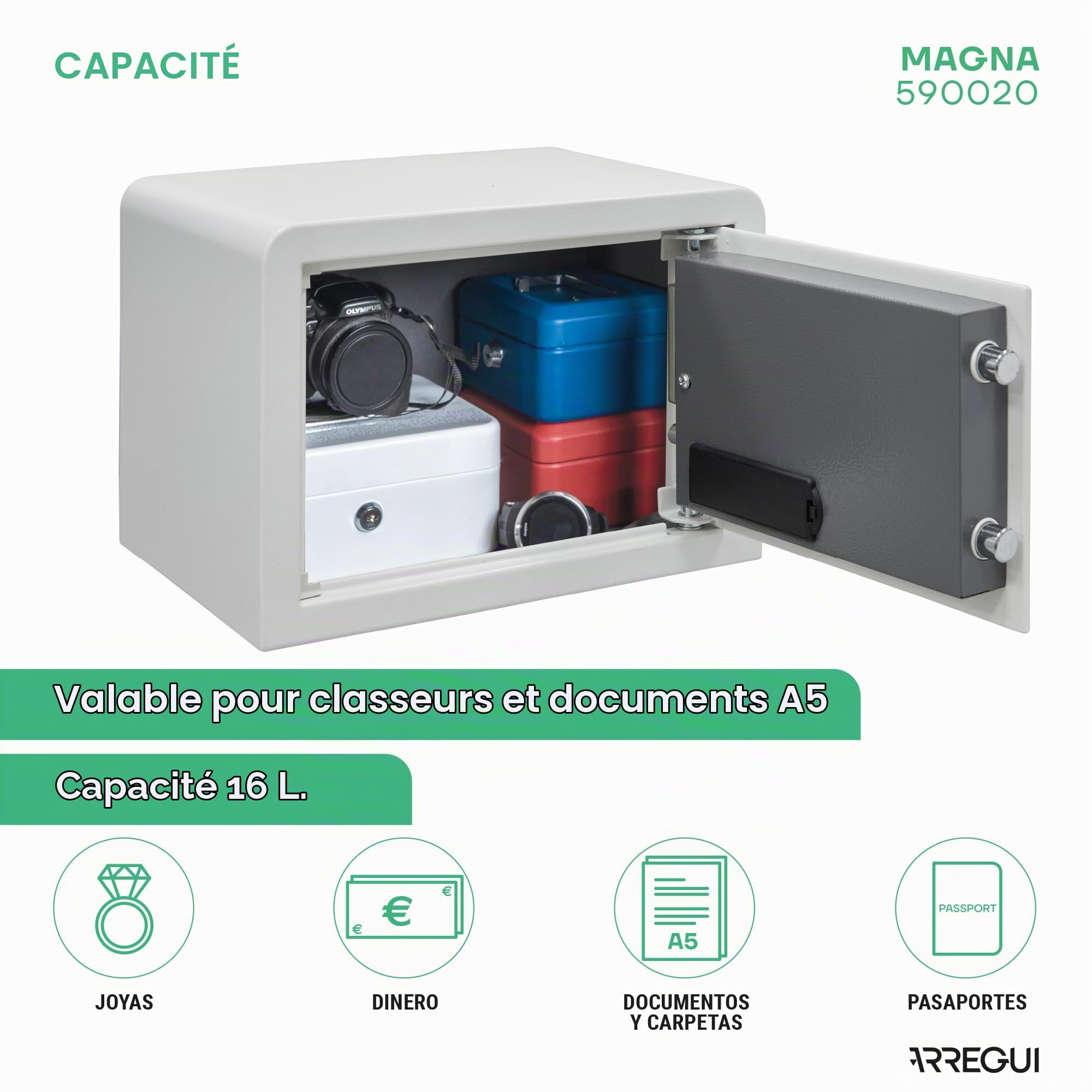 ARREGUI Magna 590020 Coffre fort à code et à clé | Coffre-fort de sécurité double sécurité verrouillage combinaison et clé | Petit Coffre fort discret pour maison, bureau rangement | 25x35x25 cm | 16L