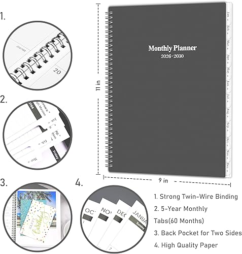 Miniatura 6 de Agenda mensual 2026-2030, enero de 2026 a diciembre de 2030, agenda mensual de 5 años con pestañas y citas de celebridades, 9 x 11 pulgadas, citas