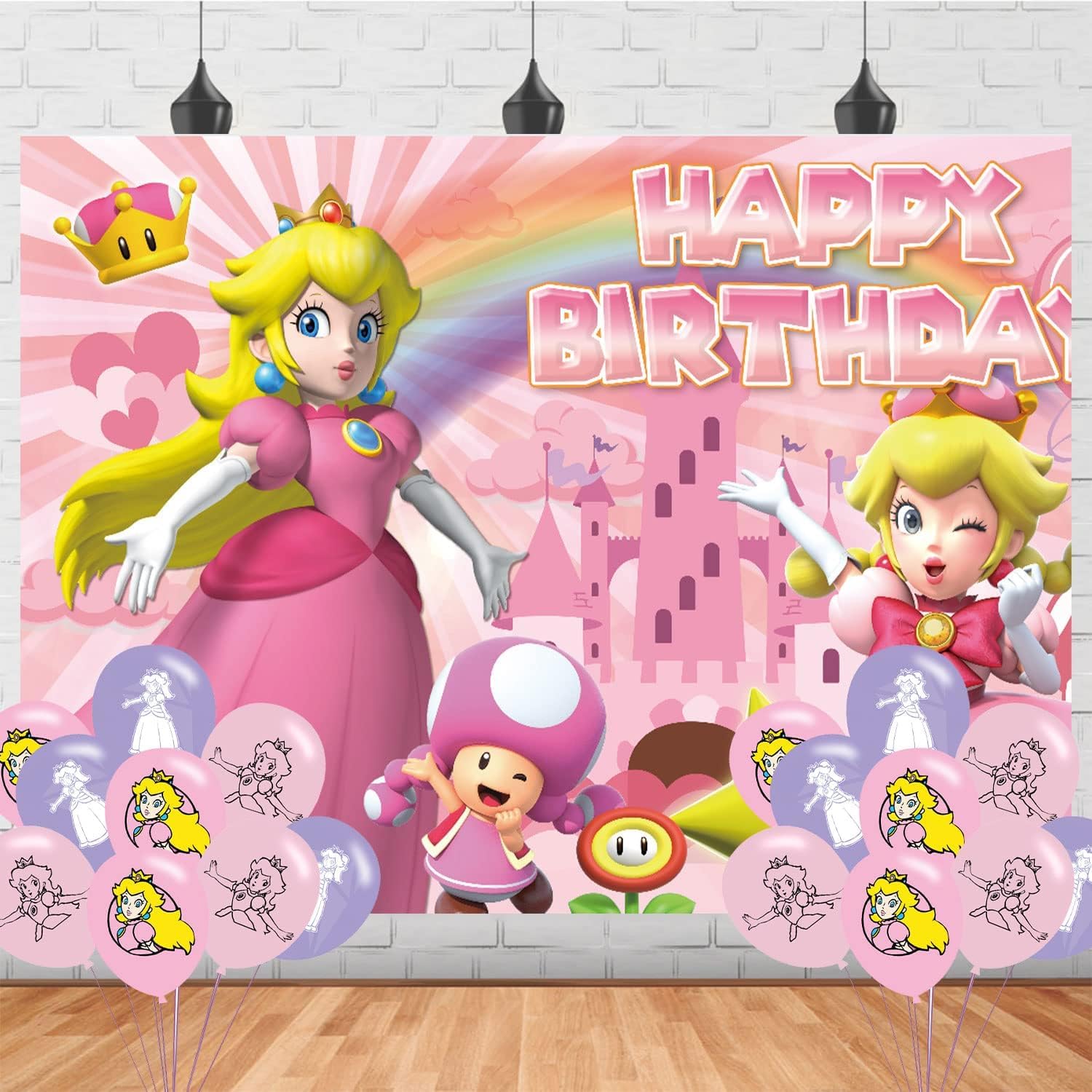 Peach of Princess Birthday Party Backdrop, Daisy and Rosalina Decoration, Themed Happy Banner Shoot Photo Backgrounds Props for Boys Girls 5x3ft