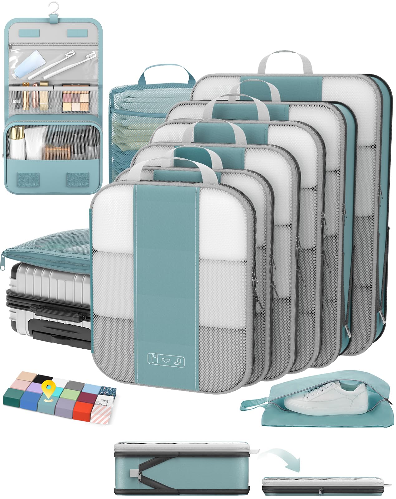 OlarHike 10 Set Compression Packing Cubes for Travel Essentials,Compressible Expandable Space Saver Bags for Organizing Clothes,Luggage Suitcase Garment Bags with Over 1000 pcs Mesh Holes(Blue Gray)