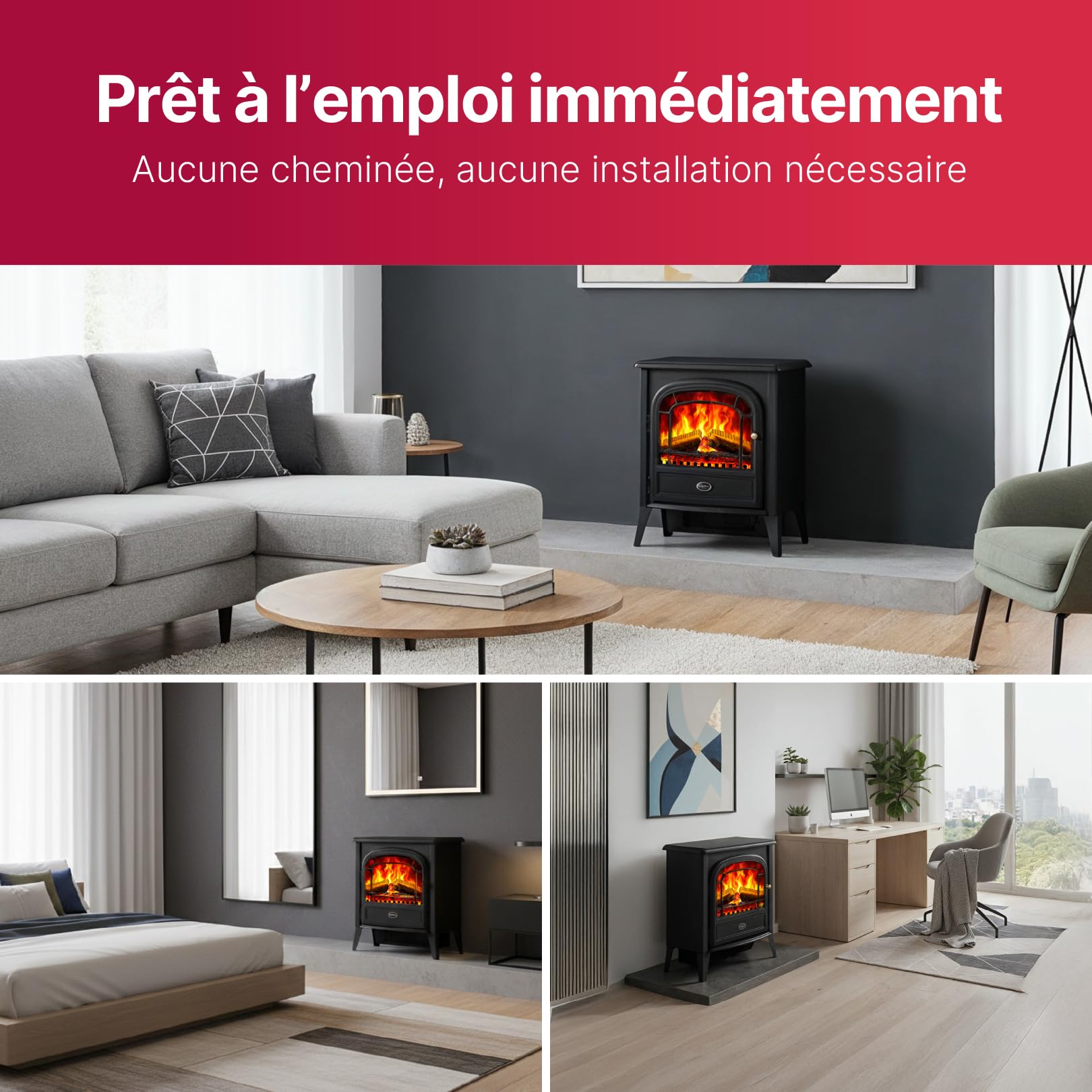 Dimplex Club Cheminée Électrique Autoportant Cheminee Electrique Effet Flamme LED Optiflame avec Lit de Bûches Chauffage 2 KW Activable Télécommande Incluse