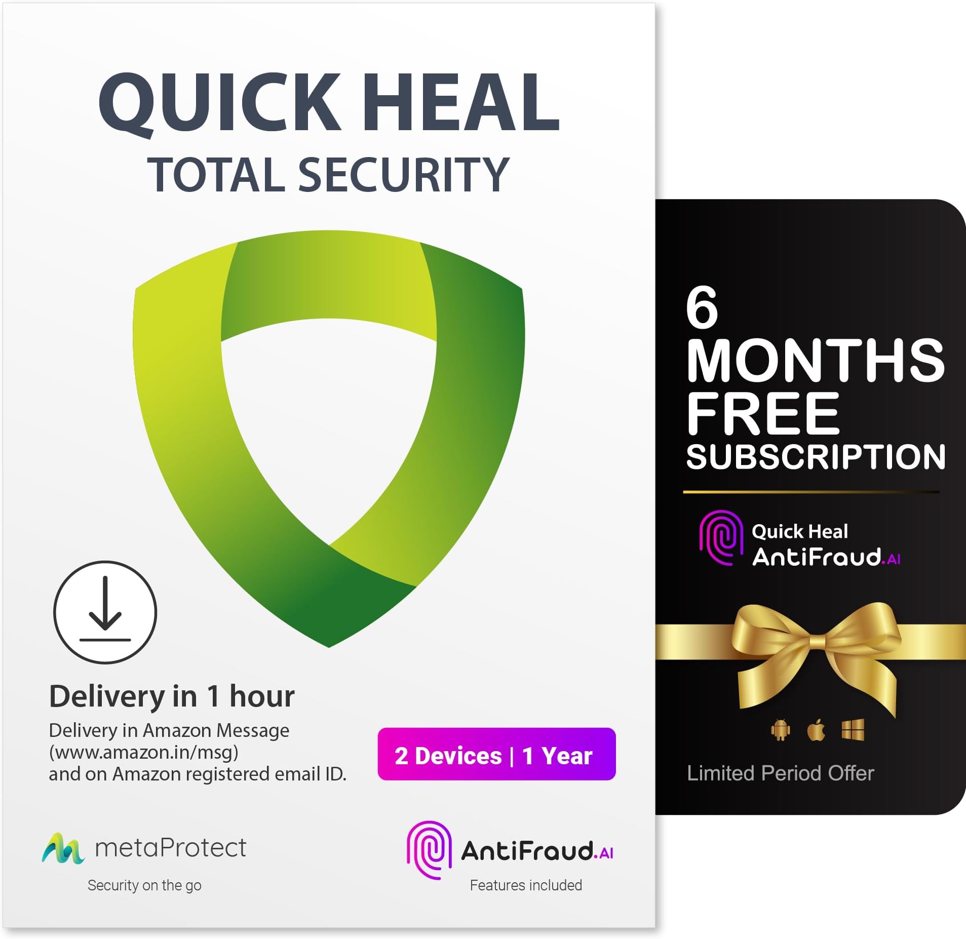 Quick Heal Total Security - 2 PCs, 1 Year, AI Based Device Security for Windows PC, Dark Web Monitoring and Parental Control (Email Delivery in 1 Hour- No CD) + Get 6 month AntiFraud.