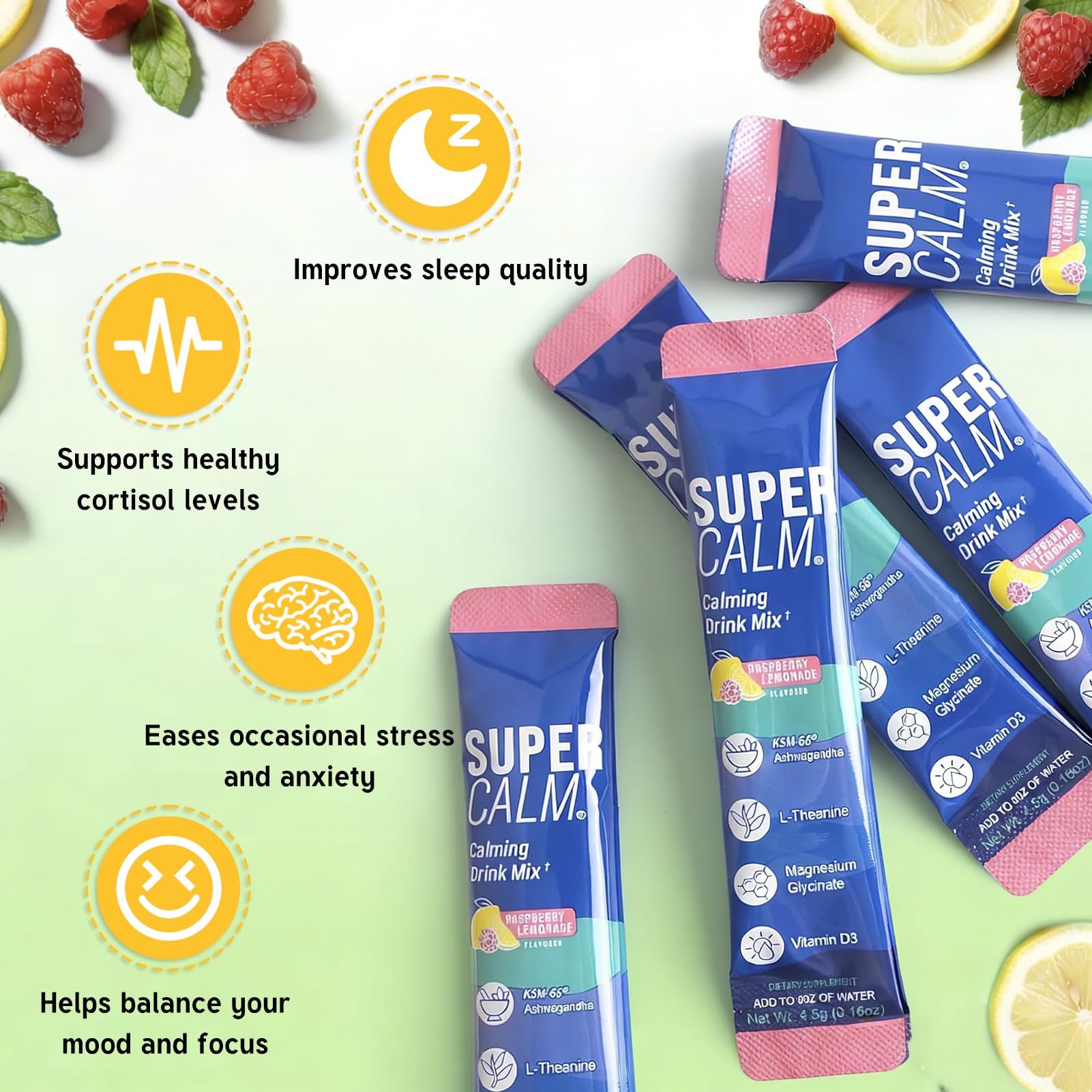 New Super Cortisol - Set di 20 Supercalm Cortisol Super Calm, favorisce il relax e la concentrazione, gusto lampone, senza zucchero, formato nomade, unisex (B)