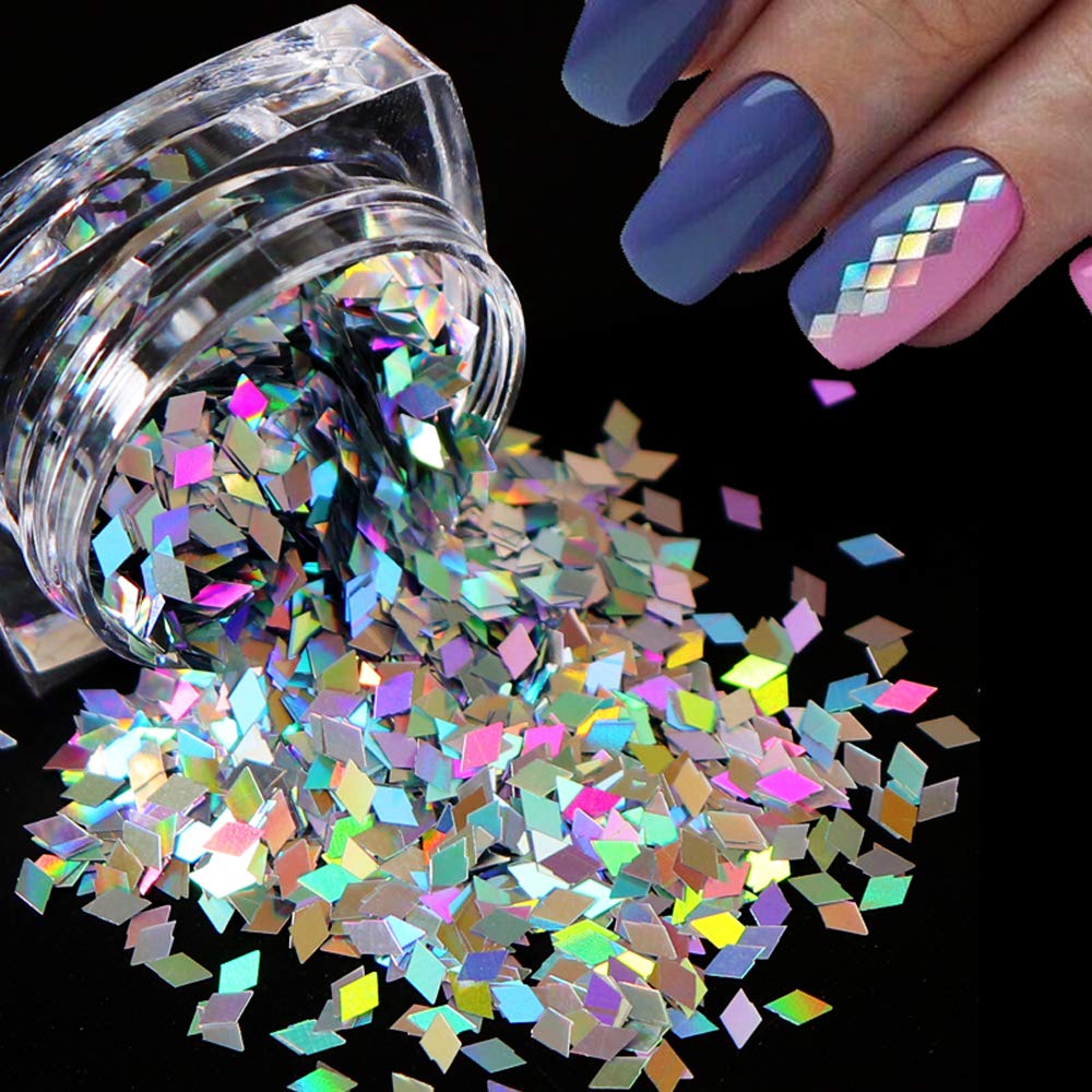 1 Box Rhombus Shape Holographic Nail Sequins Glitter White Flakes Nail Art Decorations Chrome Thin Slices Nail Glitter Powder Laser Sparkl Nail Sequins Slice Paillette Nail Art Decoration Silver-image-30