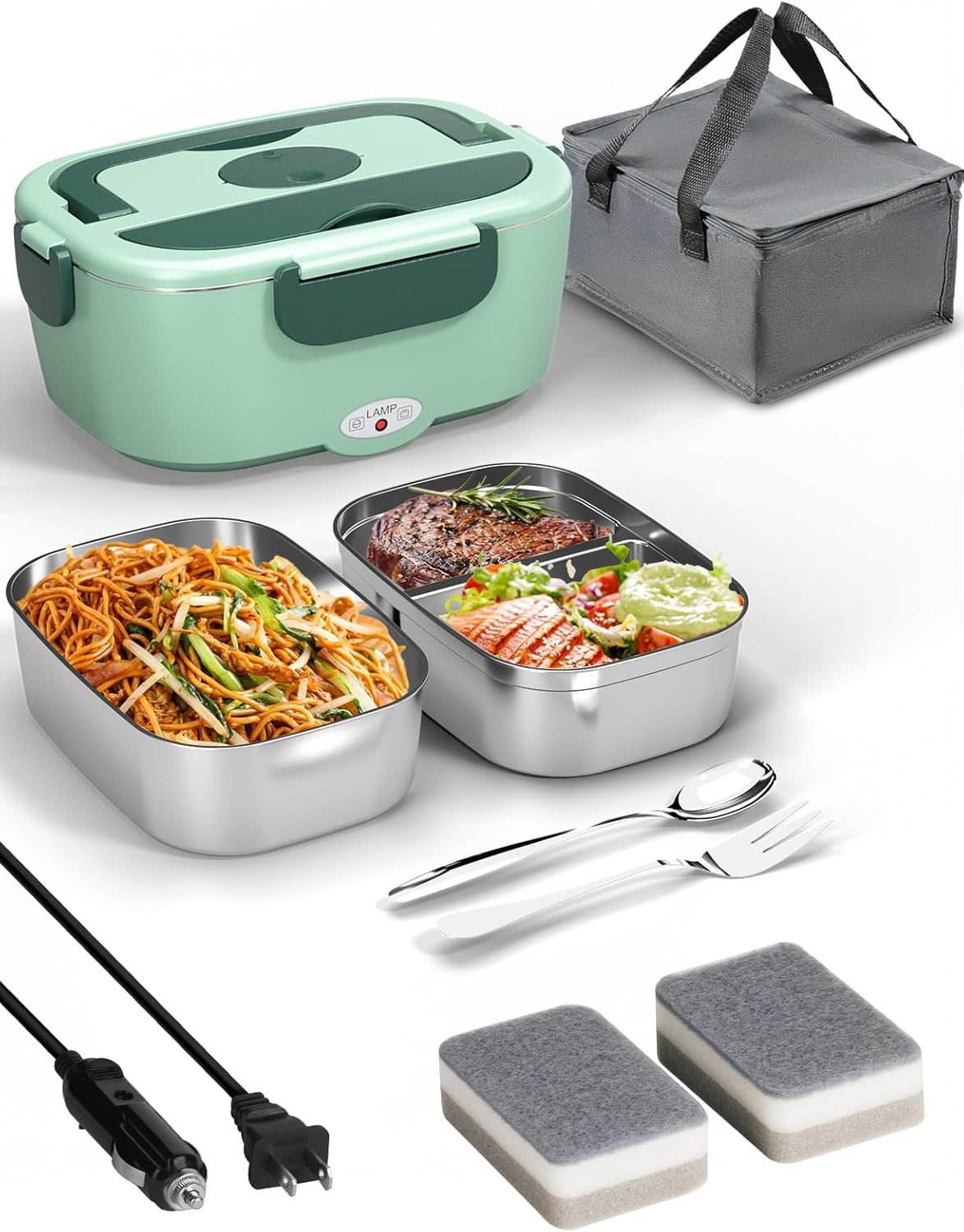 Heated Lunch Box for Men&Women - 80W Electric Lunch Box for Adults with Dual 1.5L 304 Stainless Steel Containers Fast Heating Portable Food Warmer for Car&Truck lonchera electrica portatil