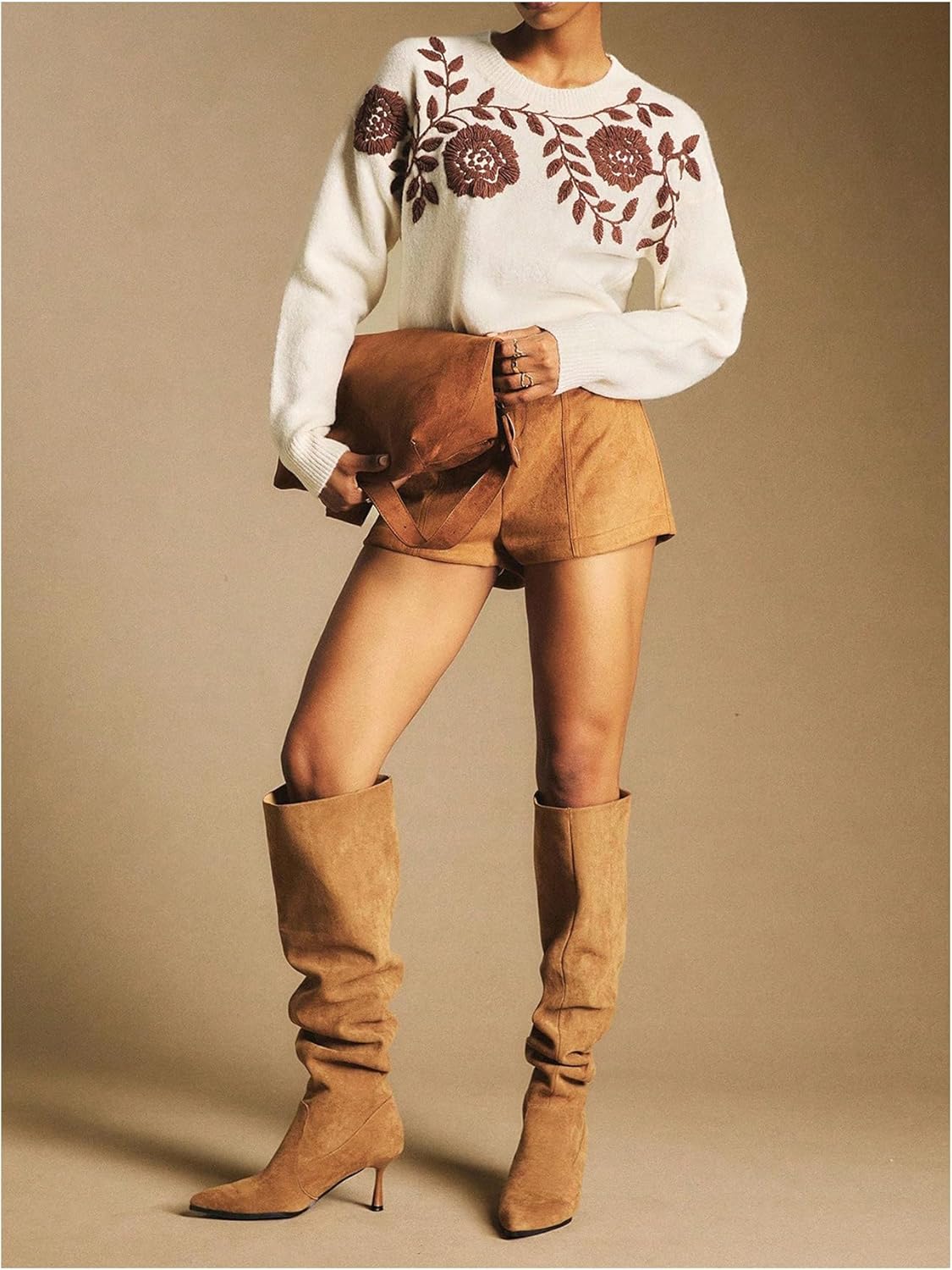 Women's Floral Print Sweater Crew Neck Long Sleeve Ribbed Knit Pullovers Fall Winter Outfits - Image 4