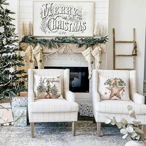Miniatura 6 de Juego de 4 fundas de almohada de Navidad de 18 x 18 pulgadas, decoraciones navideñas de granja con diseño de árbol de Navidad, fundas decorativas