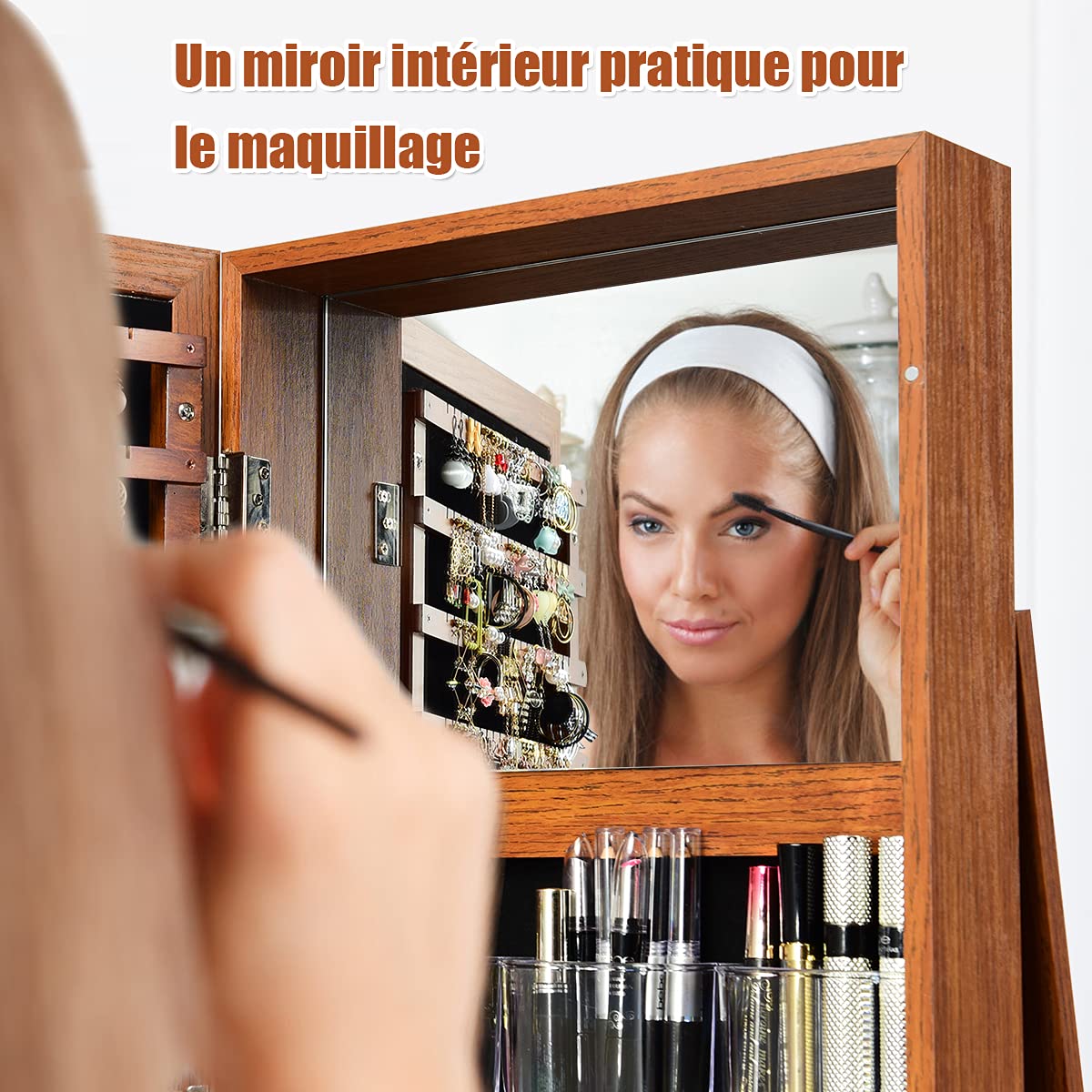 COSTWAY Armoire à Bijoux Pivotante à 360 Degrés, Organisateur de Bijoux sur Pieds, avec Grand Miroir Psyché et Etagère de Rangement à L’Arrière (Café)