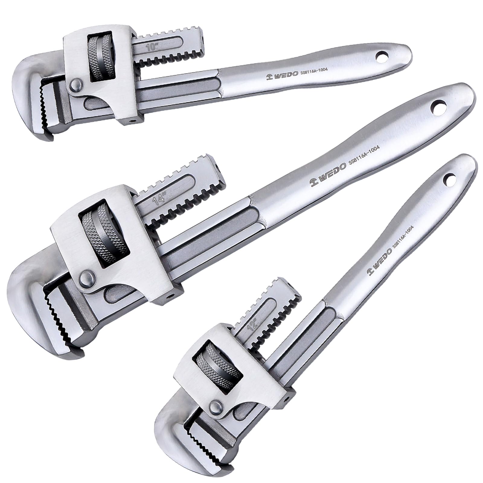 WEDO Zestaw kluczy do rur ze stali nierdzewnej, 25 cm, 30 cm, 14,3 szt., prosty zestaw kluczy hydraulicznych, regulowany klucz do rur, antykorozyjny, polerowana powierzchnia, DIN, kute matryce,