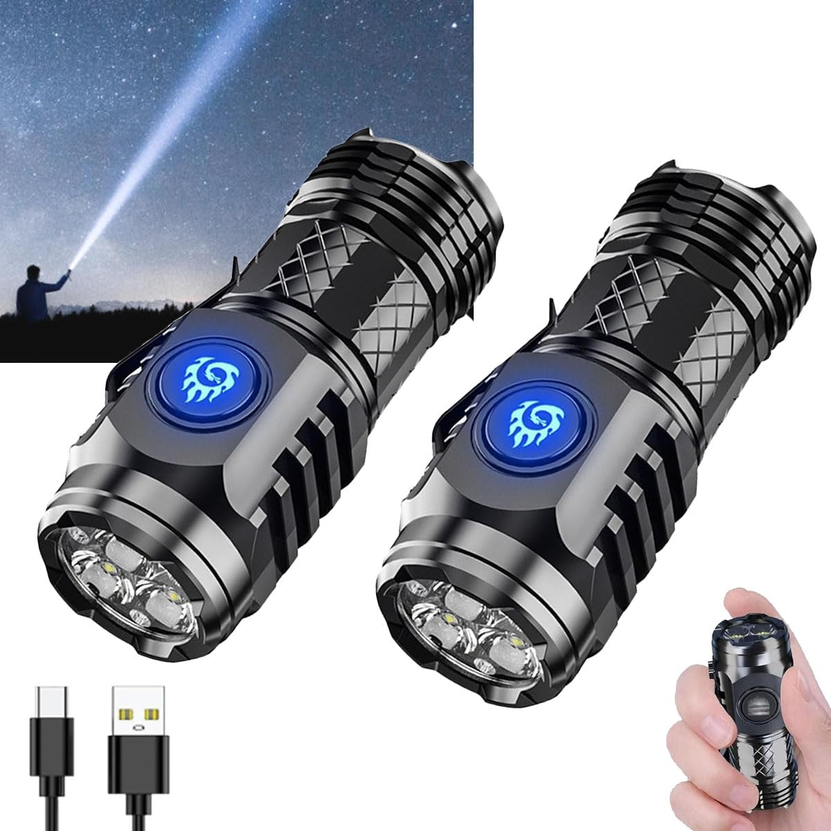 German Three-Eyed Monster Mini Flashlight, Super Power Thumb Light, Multi-Functional Pen Clip Light, Steel High Lumen Rechargeable Waterproof (2Pcs-c) โ image 1