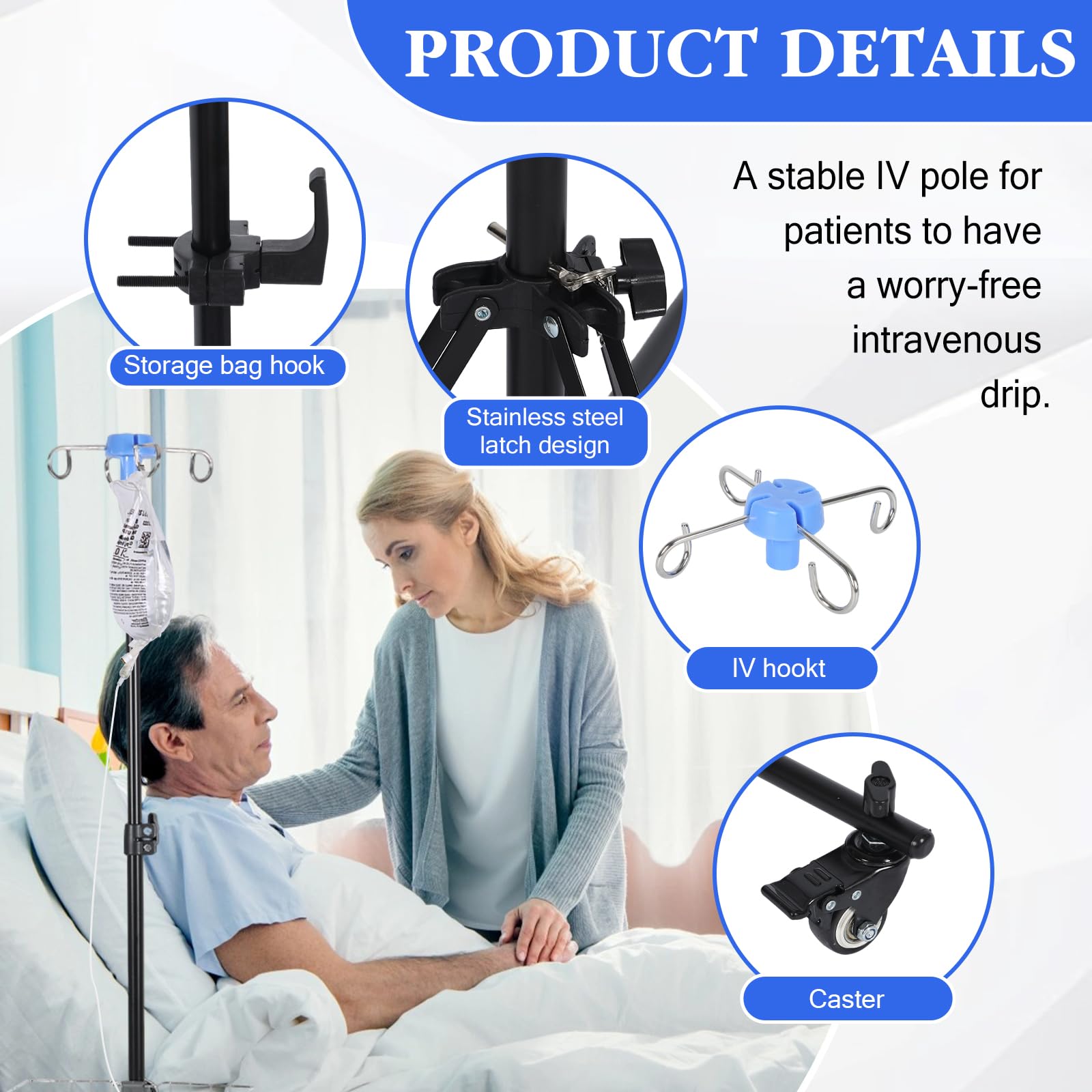 Porta Sueros Ruedas con Gancho de Peso,Soporte Portasueros Soporte Bolsa de Goteo con 4 Ganchos para Bolsa Médica de Infusión y 3 Bolsas de Red