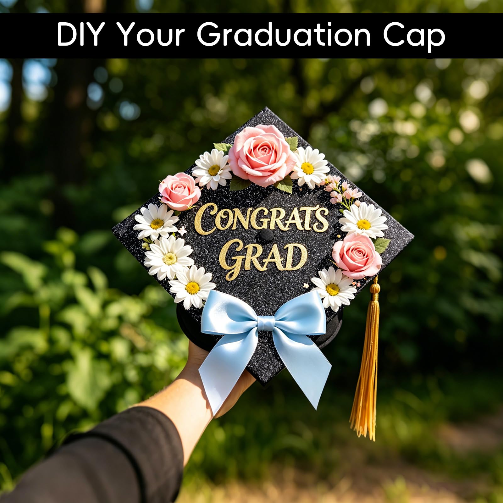 6 Sheets Graduation Cap Decoration Blank Grad Cap Topper Self-Adhesive Glitter Grad Hat Topper Cover Decor for 2026 DIY Graduation Cap Decoration, Black — view 5