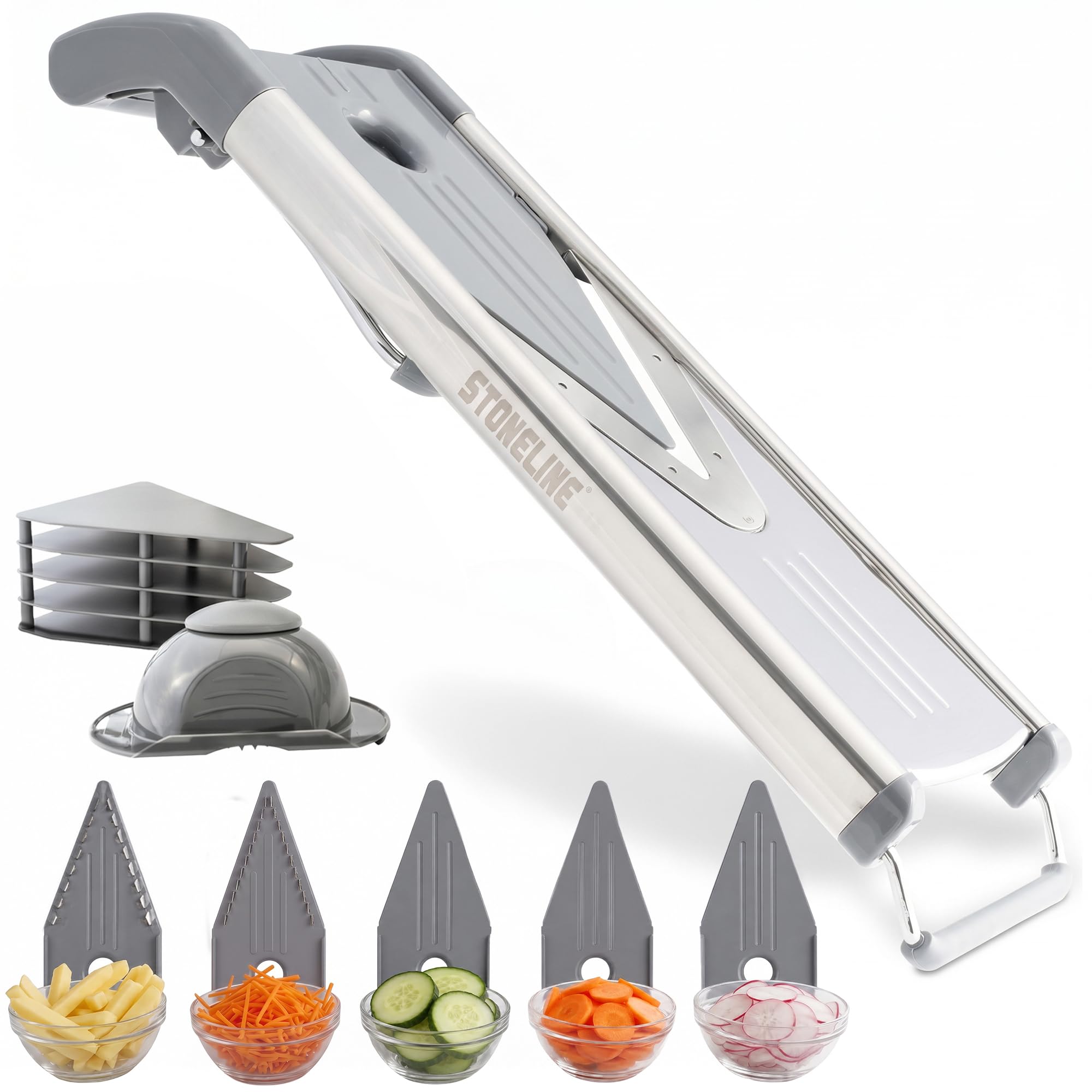 STONELINE Râpe en V, Mandoline à Légumes, polyvalente, pour pour Frites, Coupe-Légumes, avec 5 embouts, Set de 9 Pièces, en Acier Inoxydable
