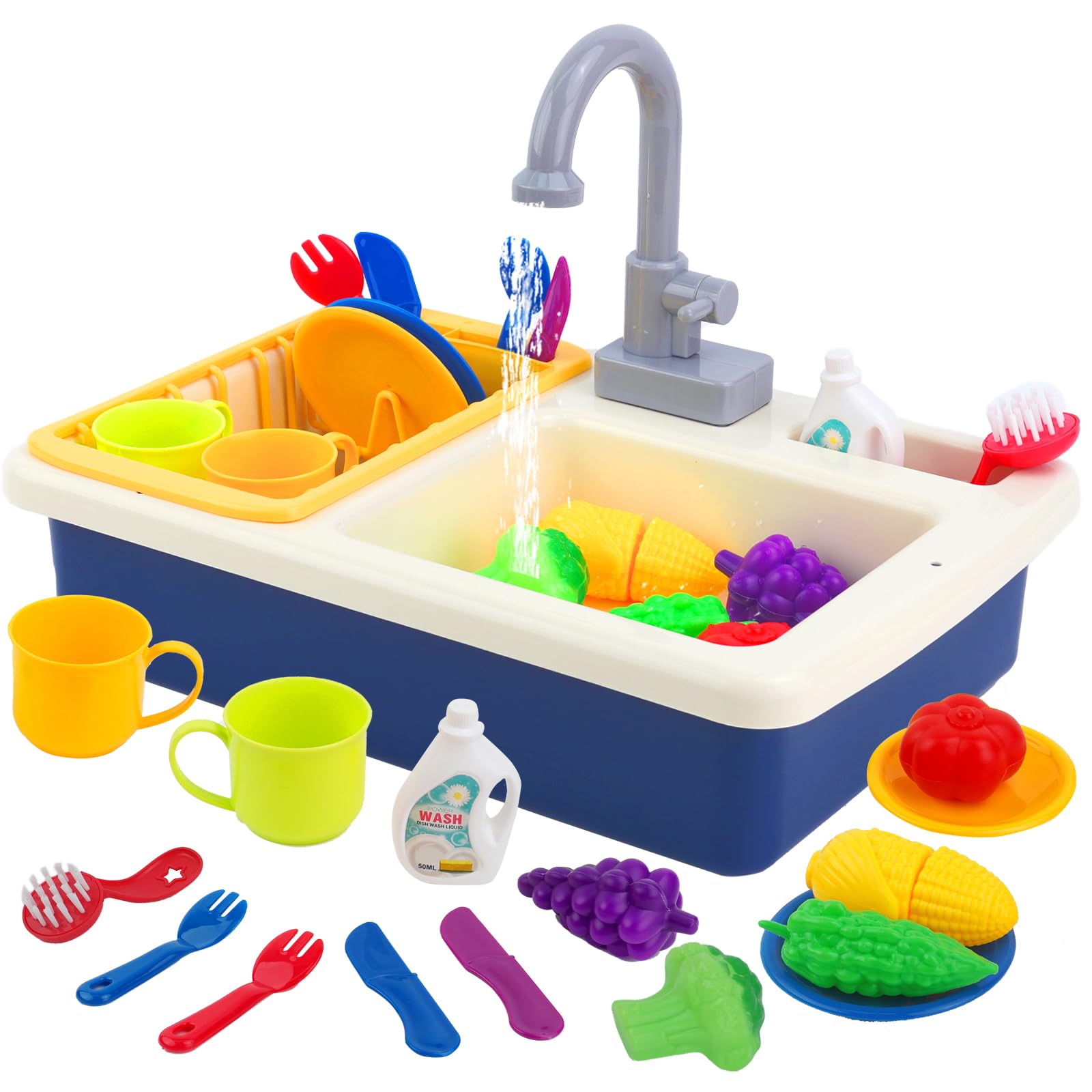 Fregadero de Juguete de Cocina con Agua Corriente, Fregadero Cocina Juguete con Lavaplatos y Grifo de Agua, Cocina de Juguete para Niños, Juegos de rol para Niños y Niñas de 3 4 5 6 Años(Azul)