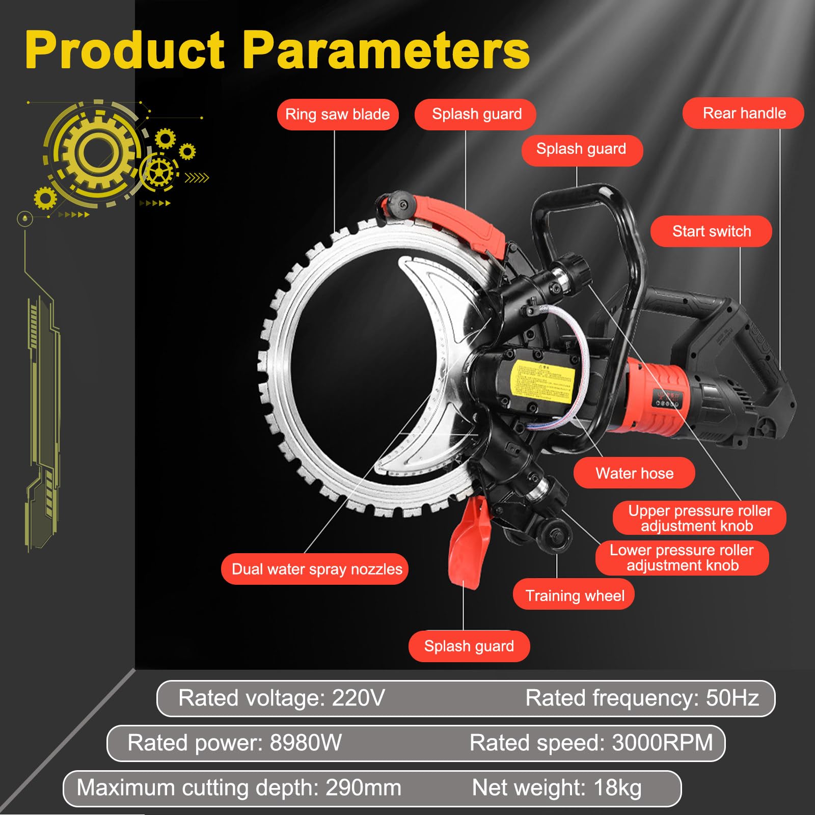 Sierra Circular para hormigón De 16 Pulgadas, Sierra Toroidal 8980 W con Motor De Cobre Puro, 3000 RPM – Profundidad 11.4 Pulgadas, 2 Hojas Y Guante para Corte De Hormigón 3sawblade