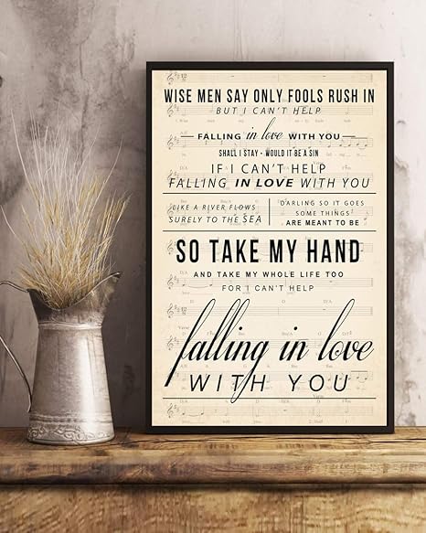 Amazon Com Wall Art I Cant Help Falling In Love With You Song Lyrics Portrait Poster Print For Home Office And Cafe 12x10in With Frame Posters Prints