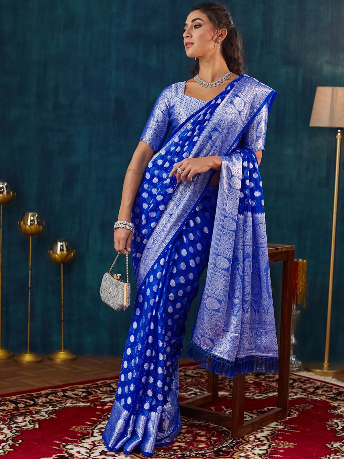 Satrani Women's Georgette Weaving Banarasi & Stone Work Saree With Unstitched Blouse Piece (4117S6553N_Dark Blue)