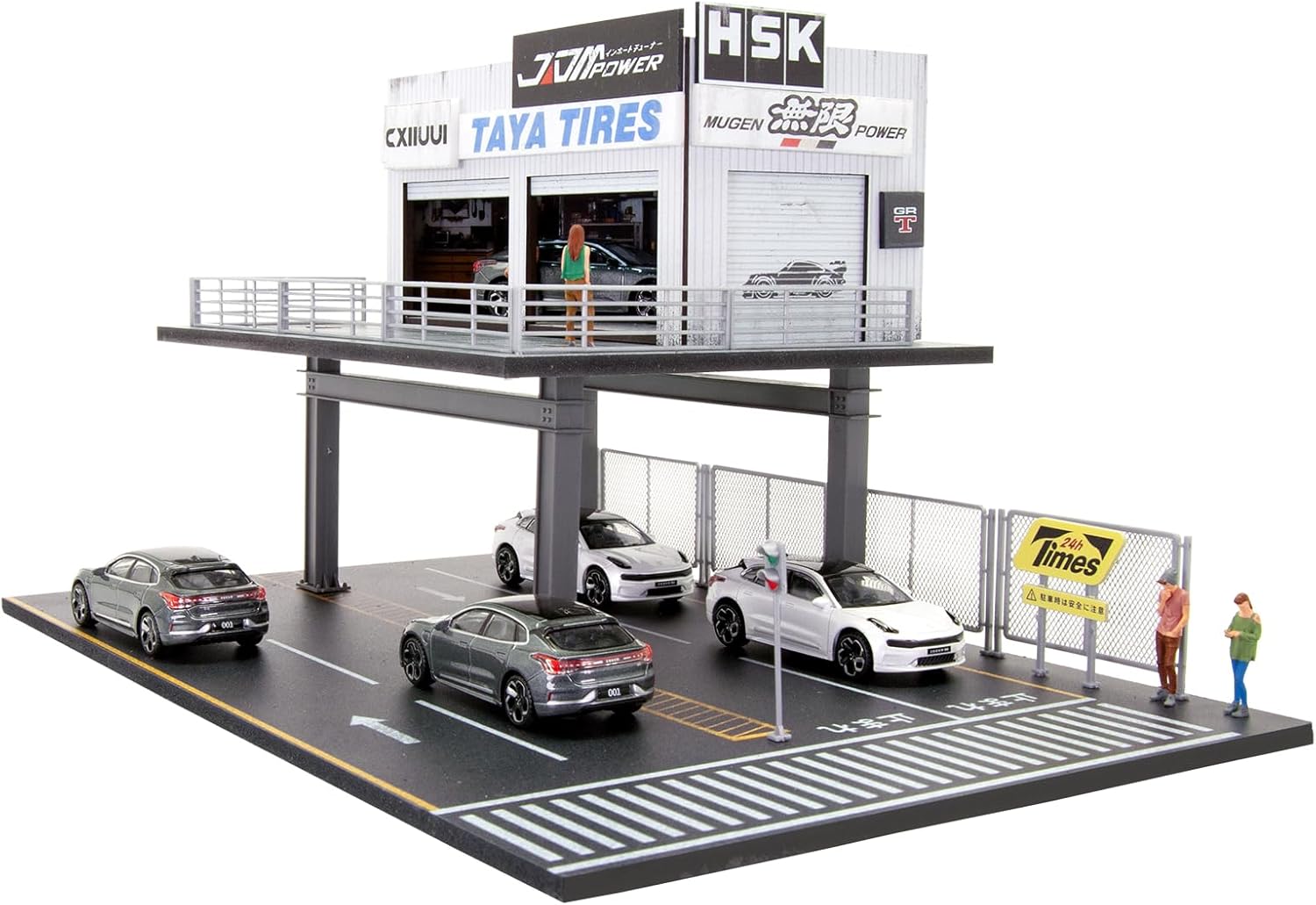 1/64 Scale Model Garage 2-Tires Car Repair Scene Parking Lot Hot Display Wheels Case for Diecast Cars with LED Light