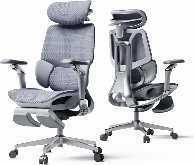 E3 Pro 2026 Edition Ergonomic Office Chair, Mesh Desk Chair with 3-Zone Floating Lumbar Support, Upgraded 4D Headrest, 720° Armrests, Grey with Footrest