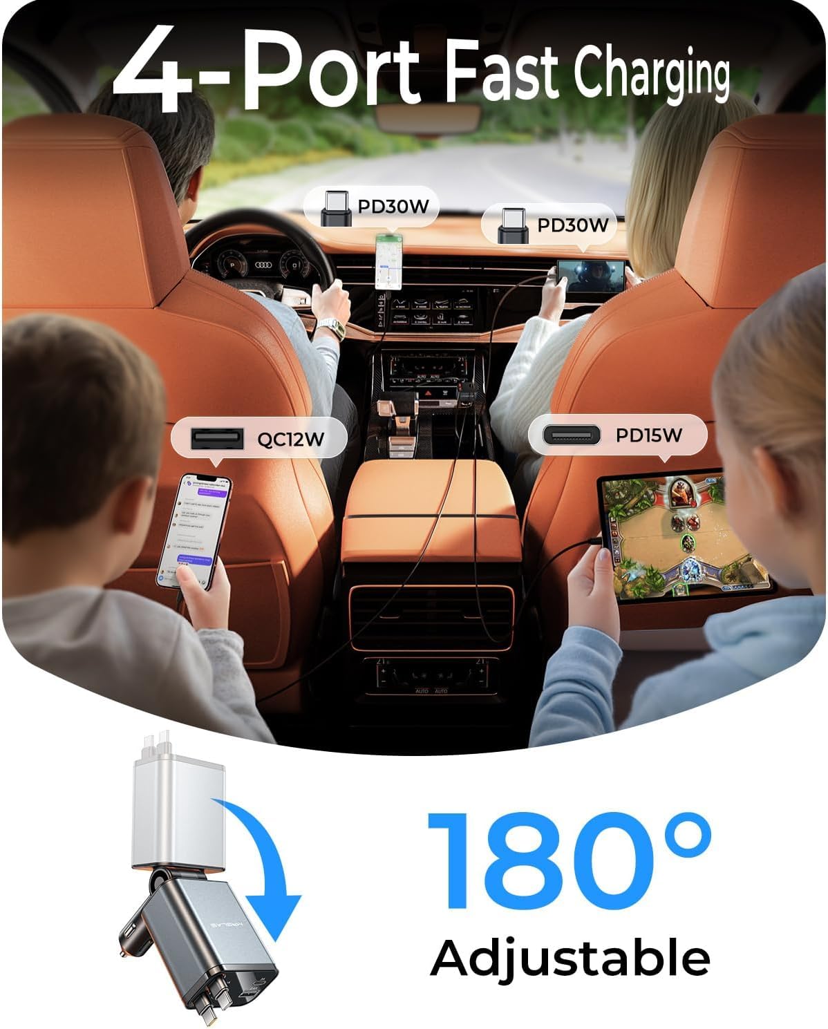 Caricabatteria da auto retrattile per iPhone 17, 69 W, 4 in 1, USB C, ricarica rapida con cavo di tipo C, adattatore per accendisigari per iPhone 17 16 Pro Max Samsung S25 iPad, accessori auto da uomo